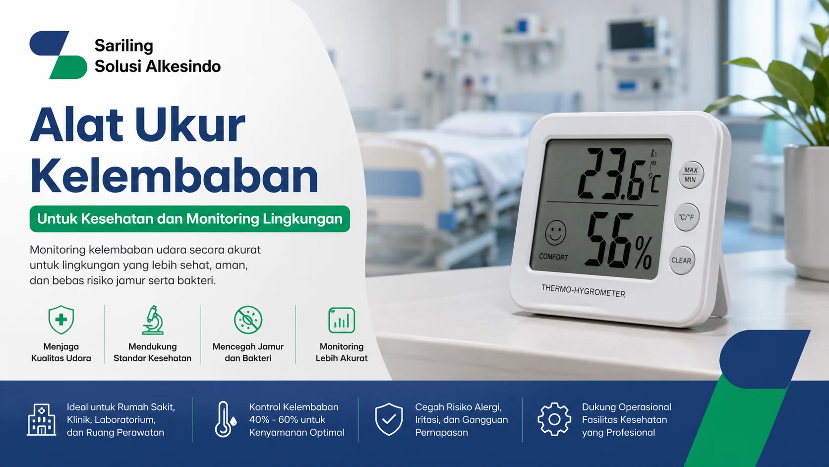 Alat Ukur Kelembaban hygrometer digital untuk monitoring kelembaban udara di lingkungan rumah sakit dari Sariling Solusi Alkesindo