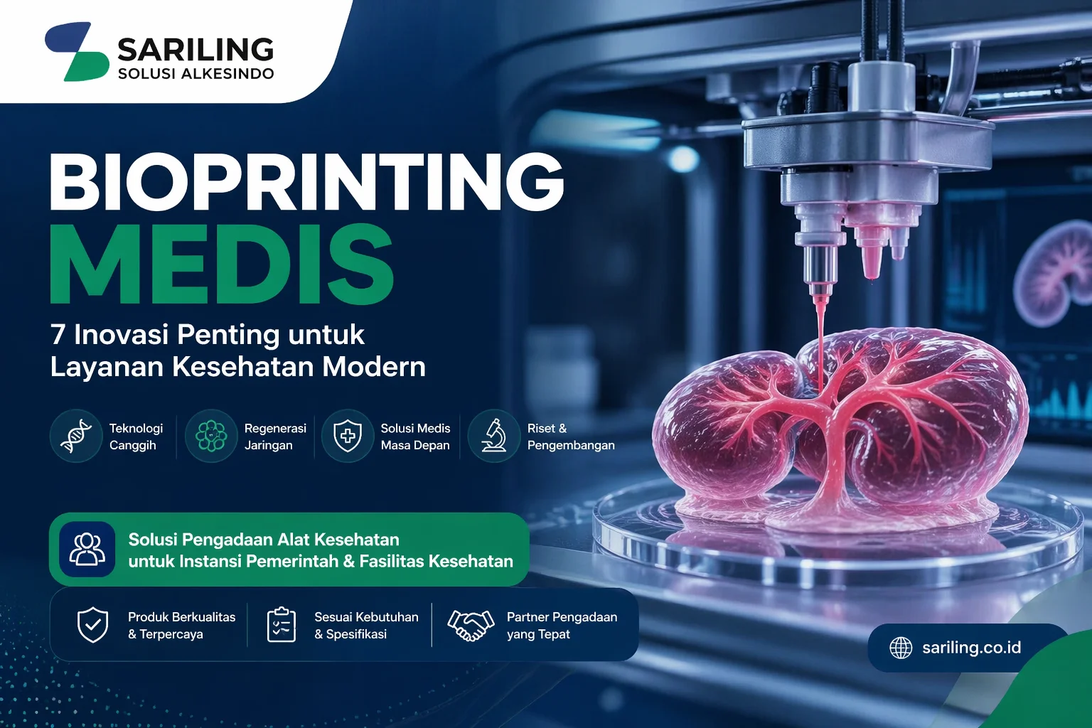 Ilustrasi bioprinting medis dengan printer 3D mencetak organ buatan, dilengkapi branding Sariling Solusi Alkesindo sebagai penyedia alat kesehatan terpercaya