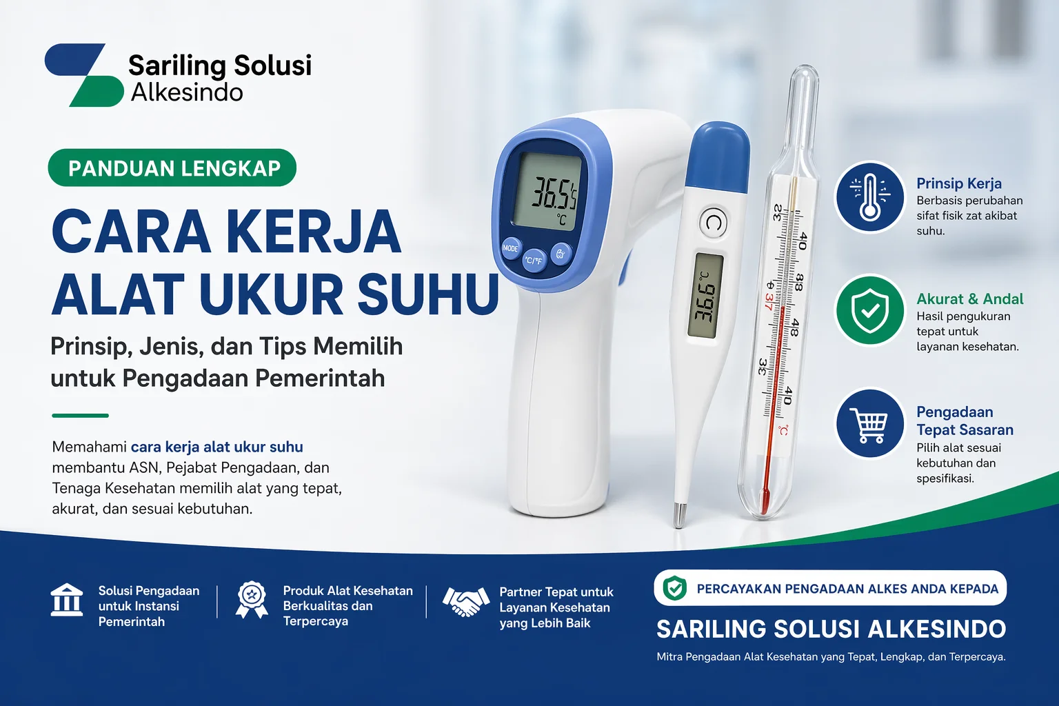 Banner infografis cara kerja alat ukur suhu dengan ilustrasi termometer digital, inframerah, dan raksa serta logo Sariling Solusi Alkesindo untuk kebutuhan pengadaan alat kesehatan pemerintah.
