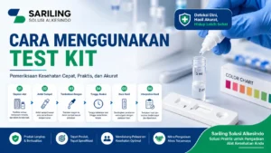 Cara menggunakan test kit kesehatan dengan ilustrasi alat rapid test, pipet, dan sampel cairan serta logo Sariling Solusi Alkesindo dalam desain banner profesional