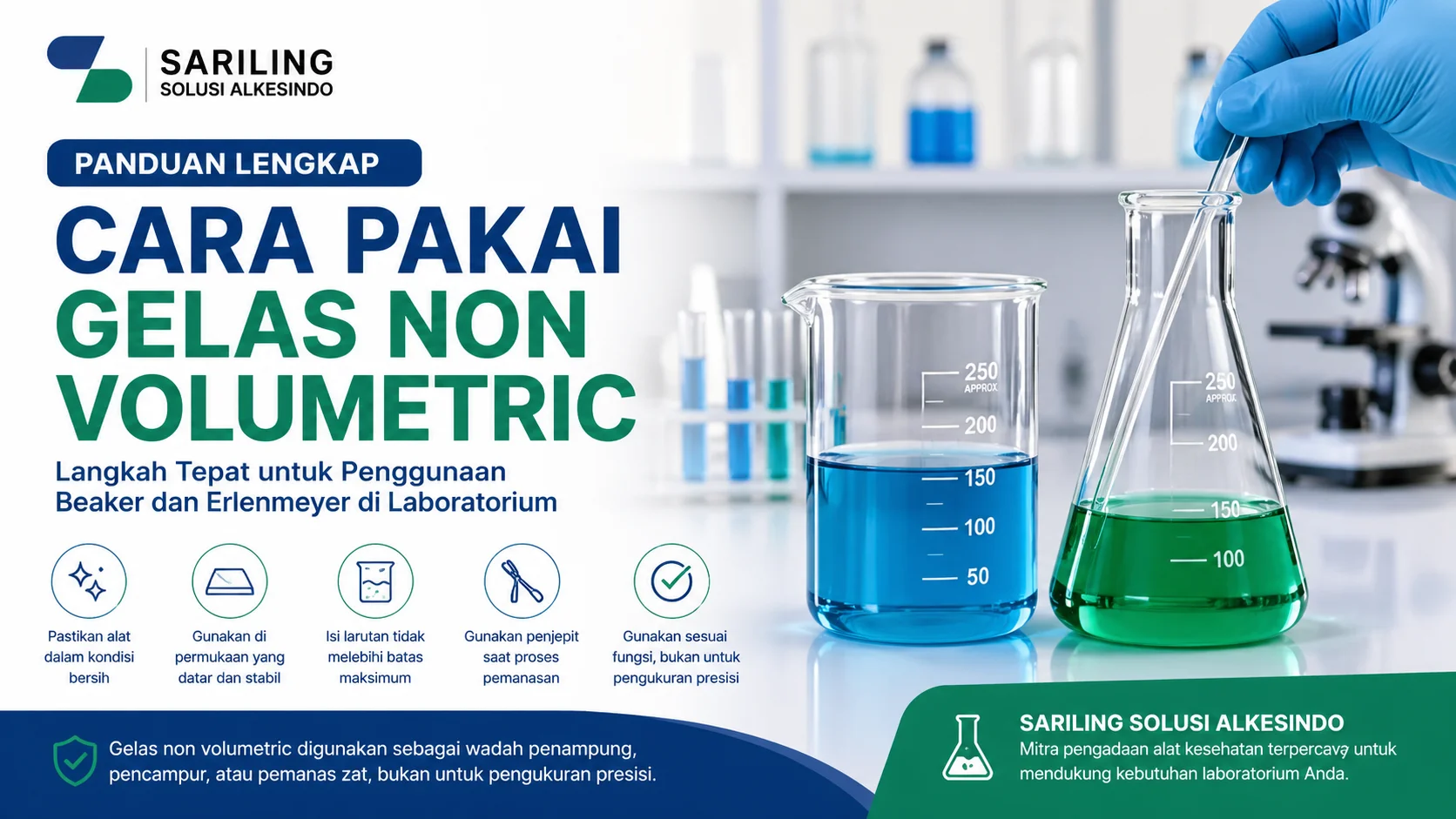 Cara pakai gelas non volumetric seperti beaker dan erlenmeyer di laboratorium dengan logo Sariling Solusi Alkesindo