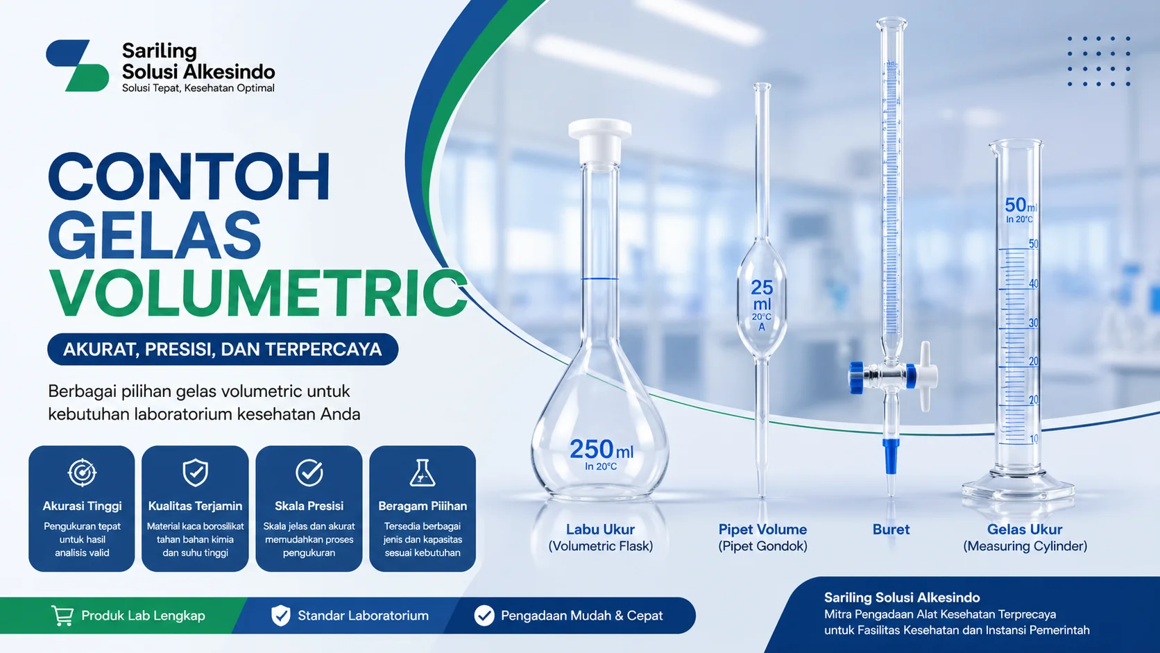 Contoh gelas volumetric laboratorium seperti labu ukur, pipet, buret, dan gelas ukur untuk pengukuran presisi dengan logo Sariling Solusi Alkesindo