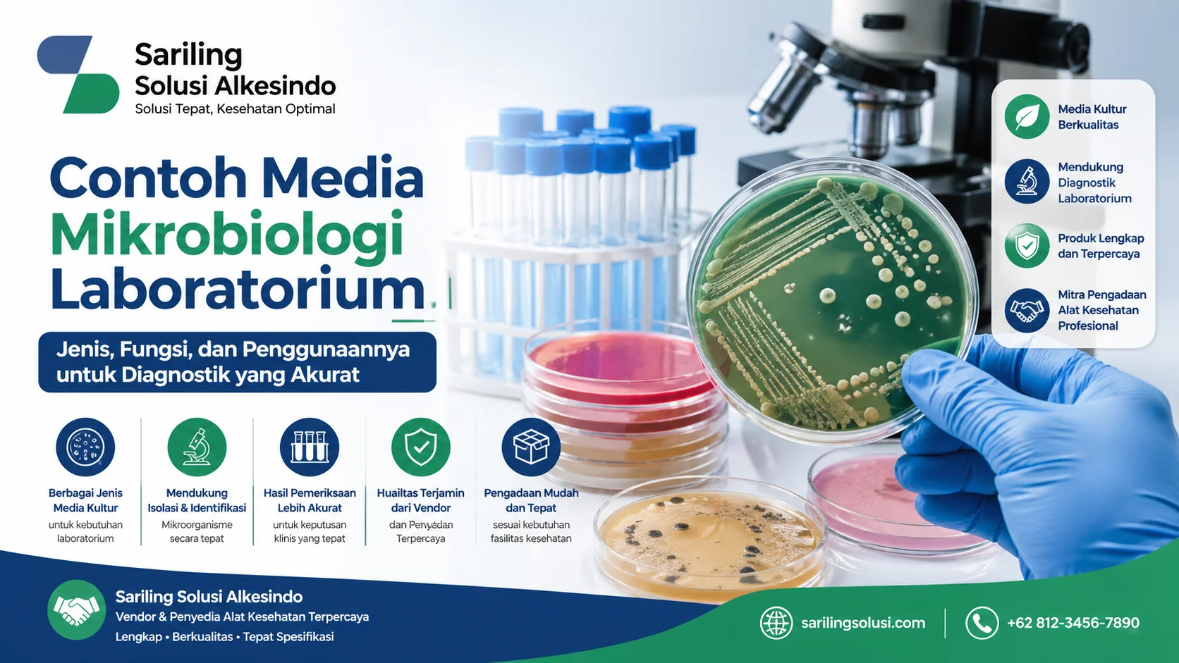 Contoh media mikrobiologi laboratorium seperti petri dish dan tabung uji dengan logo Sariling Solusi Alkesindo untuk diagnostik kesehatan