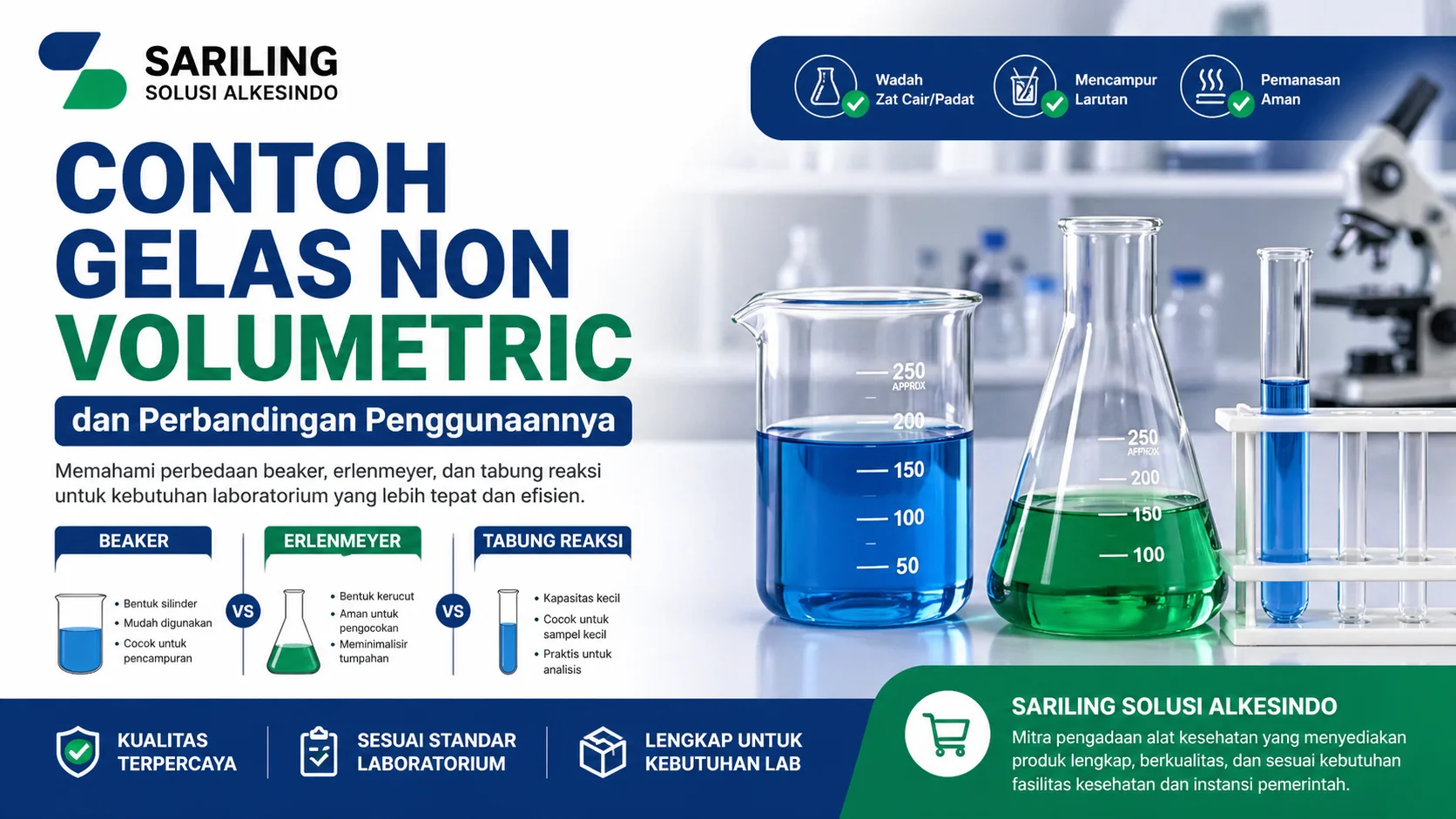 Contoh gelas non volumetric laboratorium seperti beaker, erlenmeyer, dan tabung reaksi dengan logo Sariling Solusi Alkesindo