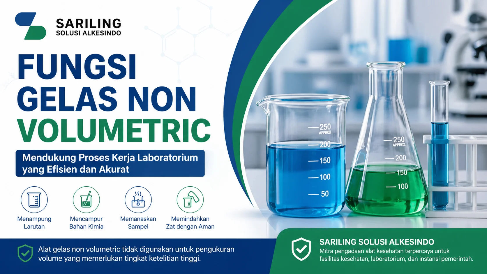 Fungsi gelas non volumetric laboratorium seperti beaker dan erlenmeyer untuk menampung dan mencampur larutan dengan logo Sariling Solusi Alkesindo
