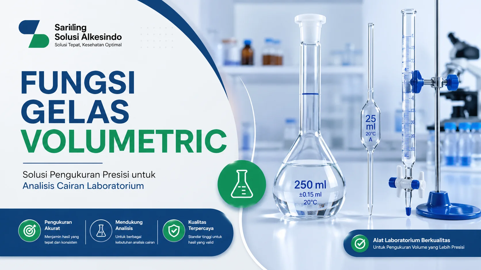 Fungsi gelas volumetric laboratorium untuk pengukuran presisi dengan ilustrasi labu ukur, pipet, dan buret serta logo Sariling Solusi Alkesindo