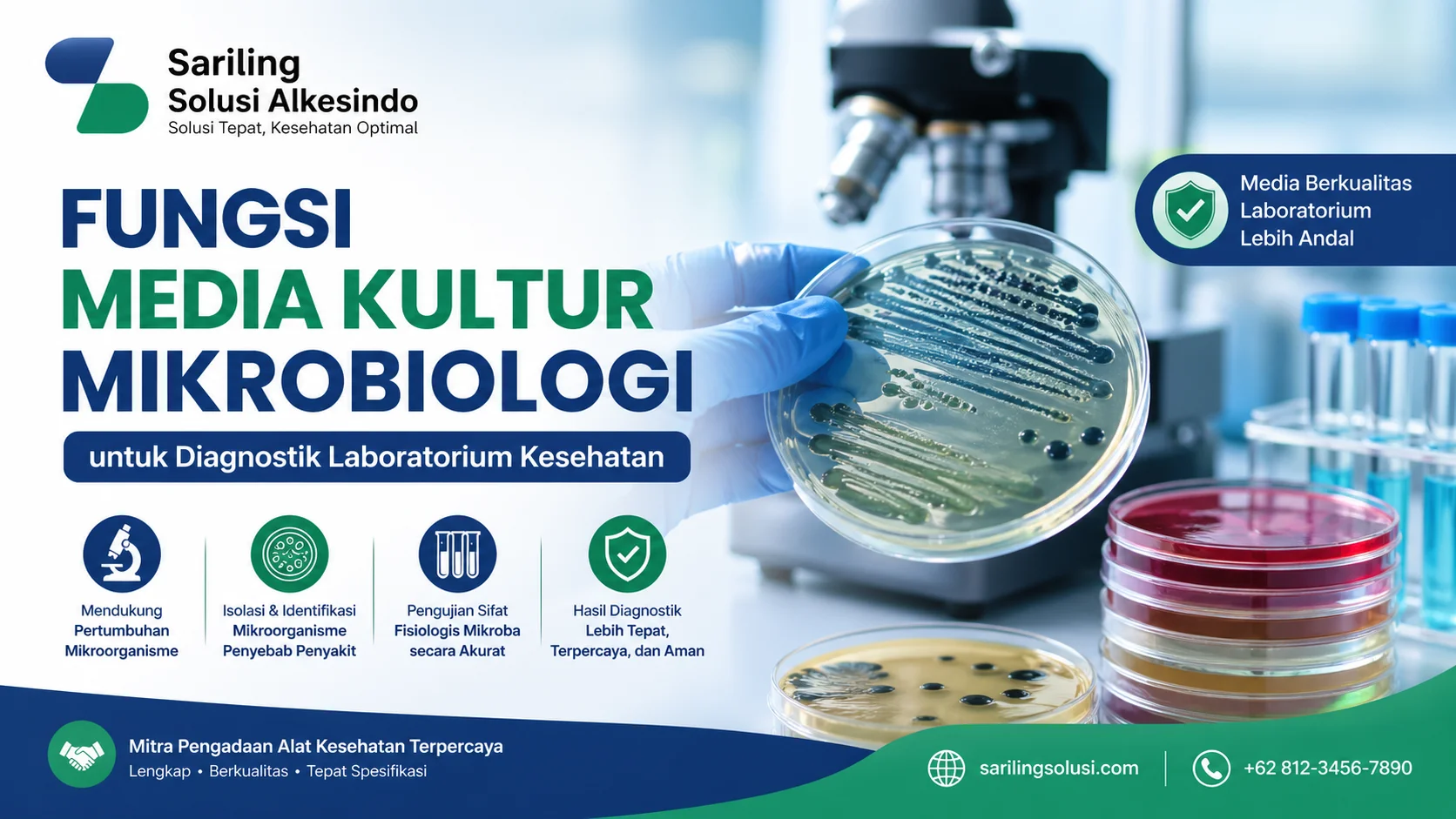 Fungsi media kultur mikrobiologi dalam diagnostik laboratorium dengan ilustrasi petri dish dan logo Sariling Solusi Alkesindo
