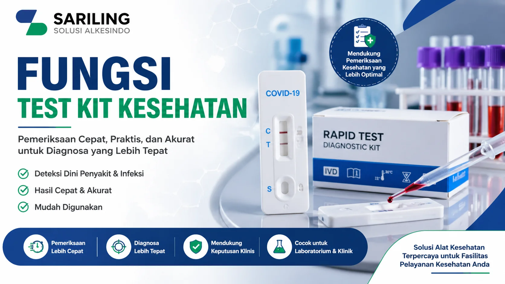 Fungsi test kit kesehatan dengan ilustrasi rapid test kit, pipet darah, dan peralatan laboratorium modern serta branding Sariling Solusi Alkesindo dalam desain banner profesional