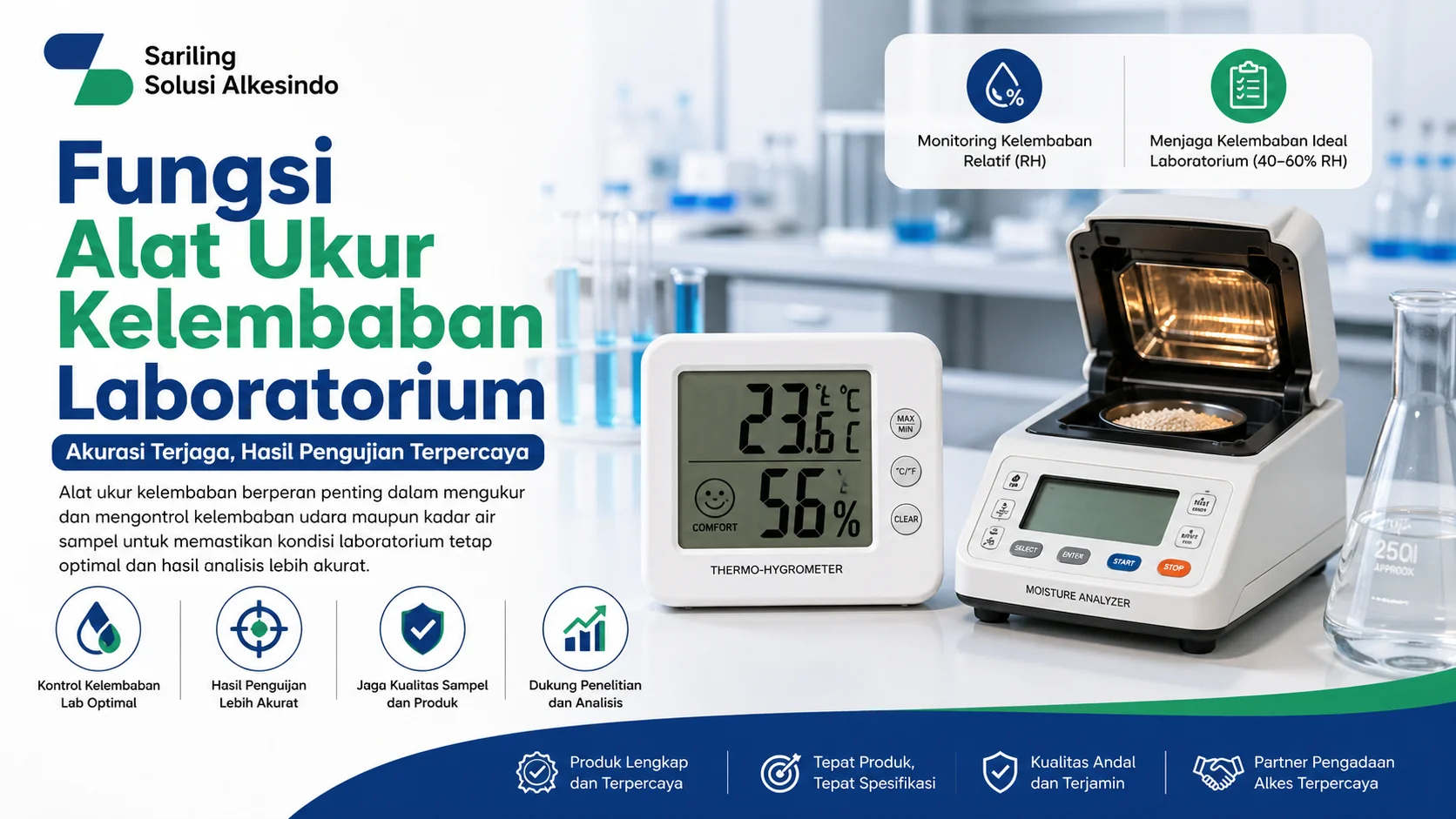 Fungsi alat ukur kelembaban laboratorium menggunakan hygrometer dan moisture analyzer untuk kontrol kelembaban lab dari Sariling Solusi Alkesindo