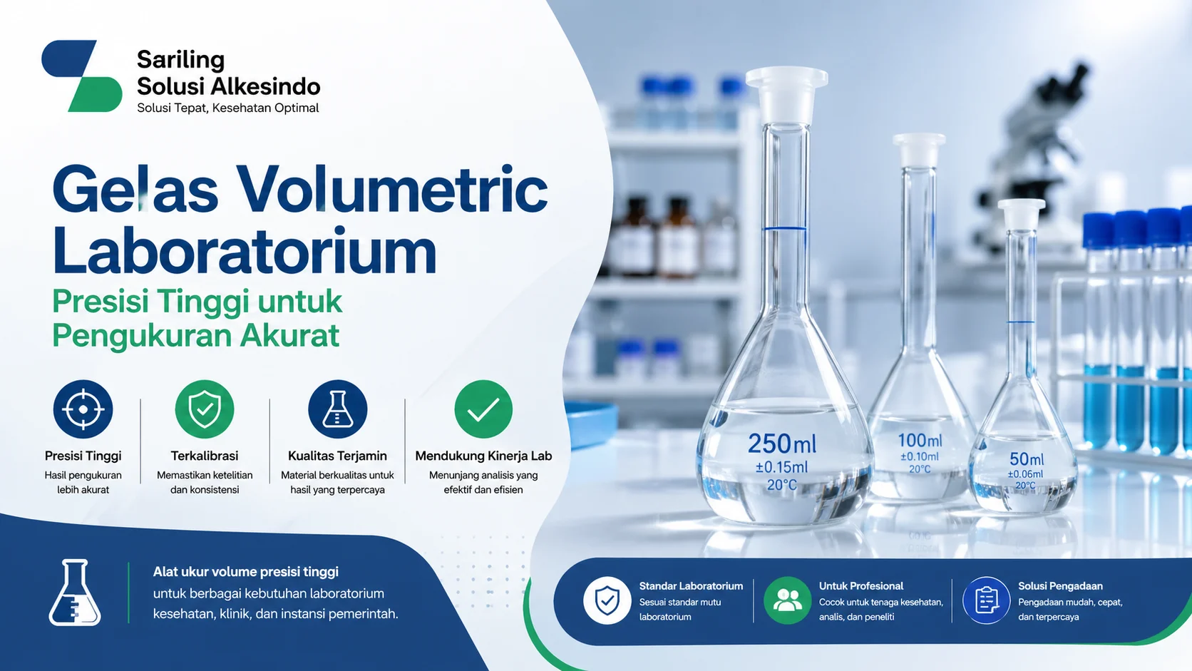 Gelas volumetric laboratorium untuk pengukuran akurat dengan ilustrasi labu ukur dan alat ukur volume serta logo Sariling Solusi Alkesindo