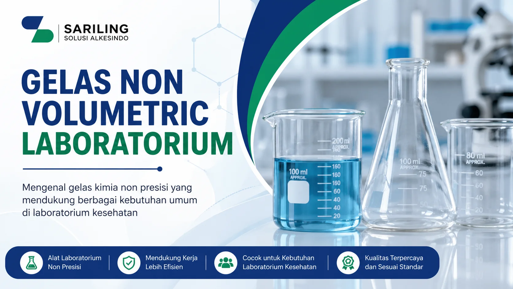 Gelas non volumetric laboratorium seperti beaker dan erlenmeyer digunakan dalam aktivitas laboratorium kesehatan dengan logo Sariling Solusi Alkesindo