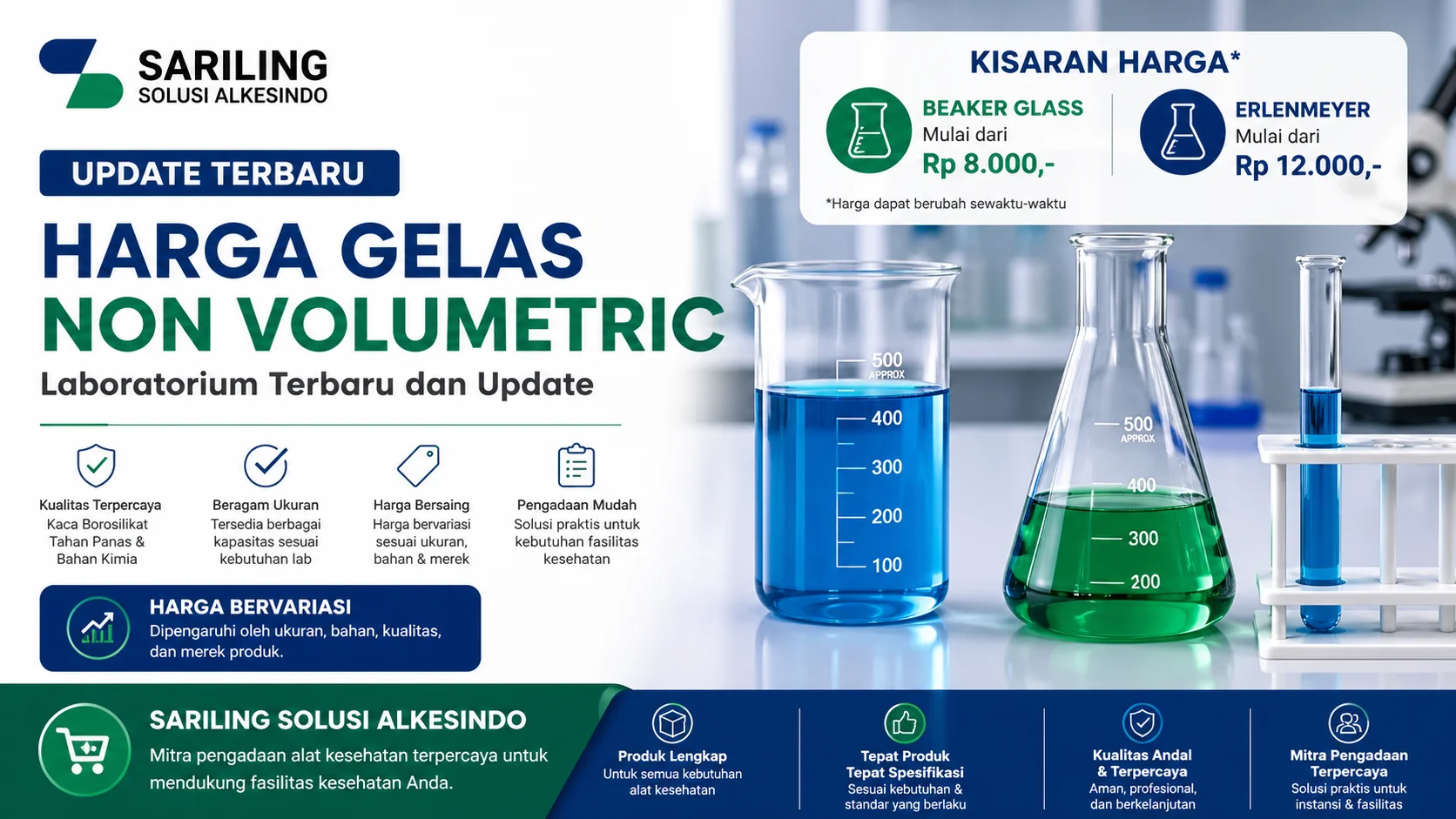 Harga gelas non volumetric laboratorium seperti beaker dan erlenmeyer terbaru dengan logo Sariling Solusi Alkesindo