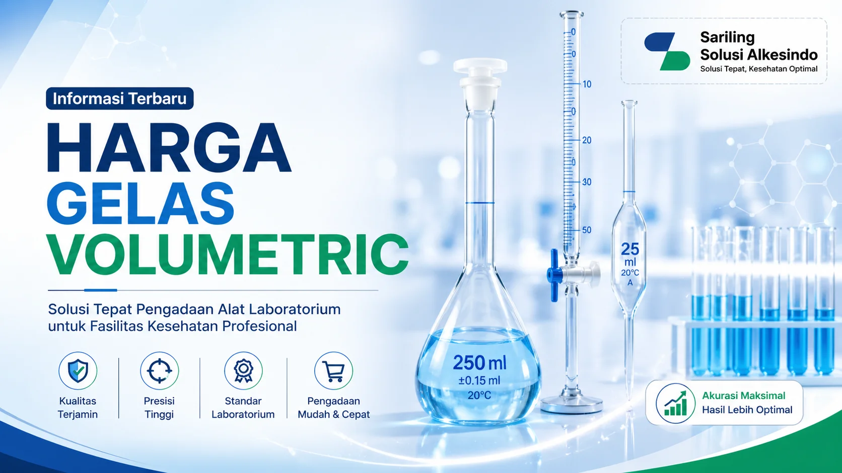 Harga gelas volumetric laboratorium dengan ilustrasi labu ukur, pipet, dan buret serta logo Sariling Solusi Alkesindo