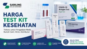 Banner harga test kit kesehatan dengan logo Sariling Solusi Alkesindo menampilkan berbagai alat diagnostik seperti rapid test antigen COVID-19, test pack kehamilan, dan urine drug test untuk kebutuhan rumah sakit, klinik, dan distributor.