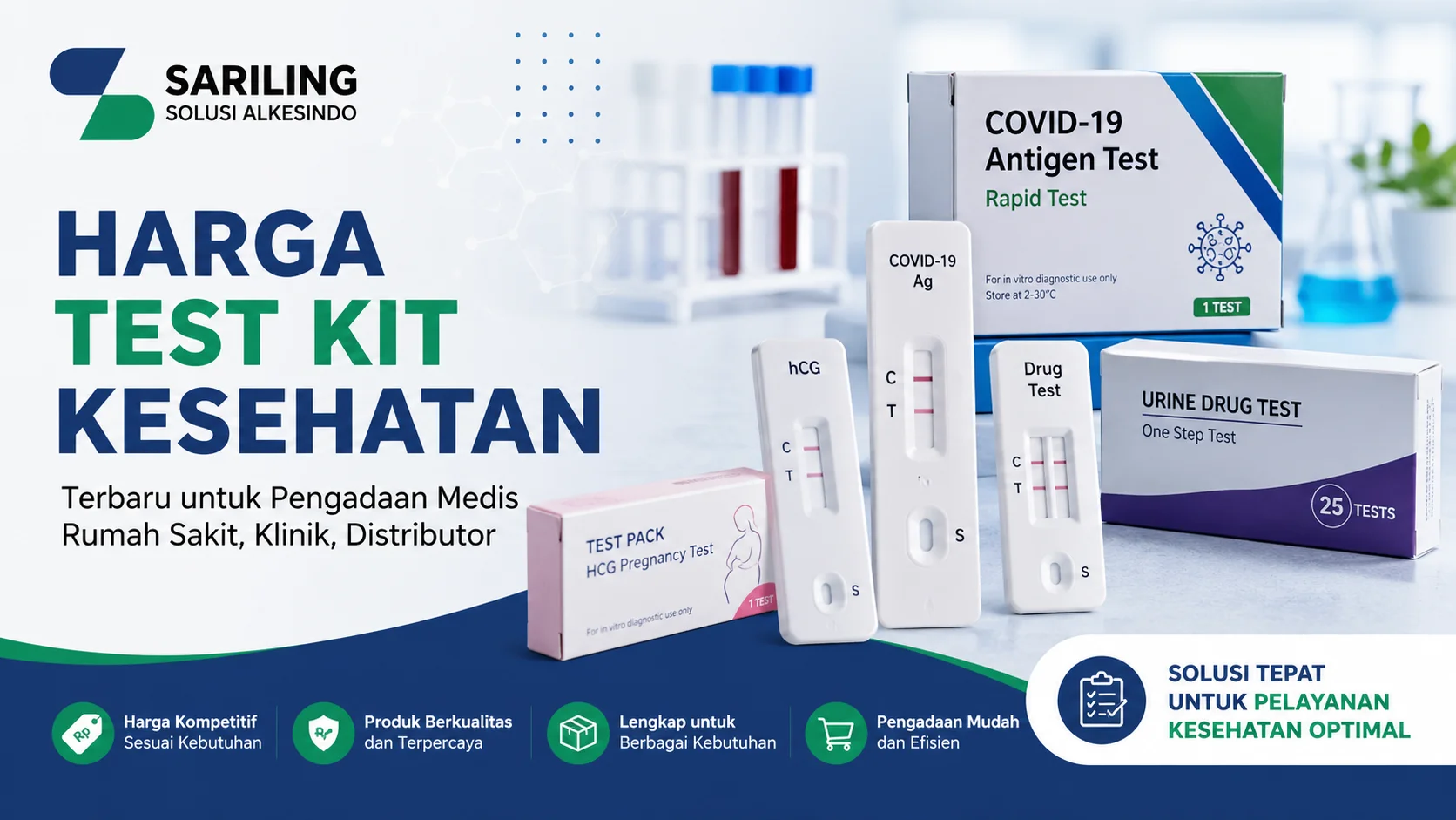 Banner harga test kit kesehatan dengan logo Sariling Solusi Alkesindo menampilkan berbagai alat diagnostik seperti rapid test antigen COVID-19, test pack kehamilan, dan urine drug test untuk kebutuhan rumah sakit, klinik, dan distributor.
