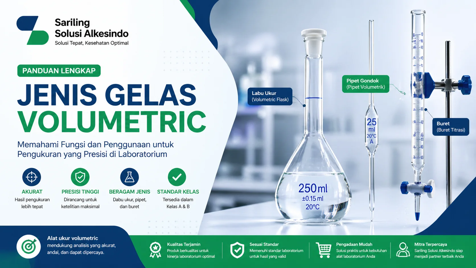 Jenis gelas volumetric laboratorium seperti labu ukur, pipet, dan buret untuk pengukuran presisi dengan logo Sariling Solusi Alkesindo