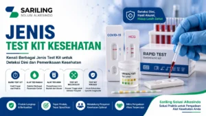 Jenis test kit kesehatan dengan ilustrasi rapid test kit, alat tes darah, alat tes urin, dan peralatan laboratorium modern serta branding Sariling Solusi Alkesindo dalam desain banner profesional