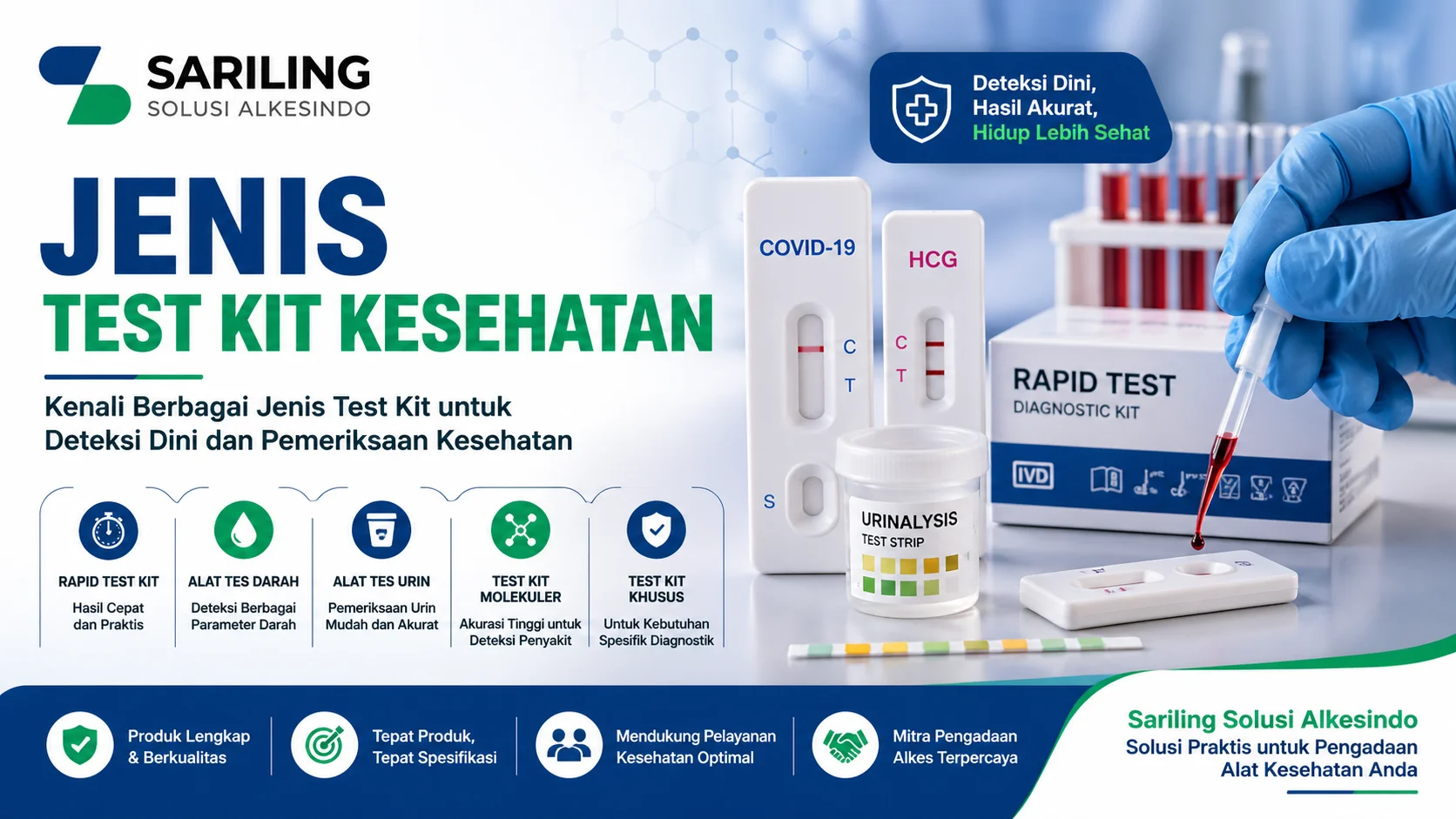 Jenis test kit kesehatan dengan ilustrasi rapid test kit, alat tes darah, alat tes urin, dan peralatan laboratorium modern serta branding Sariling Solusi Alkesindo dalam desain banner profesional