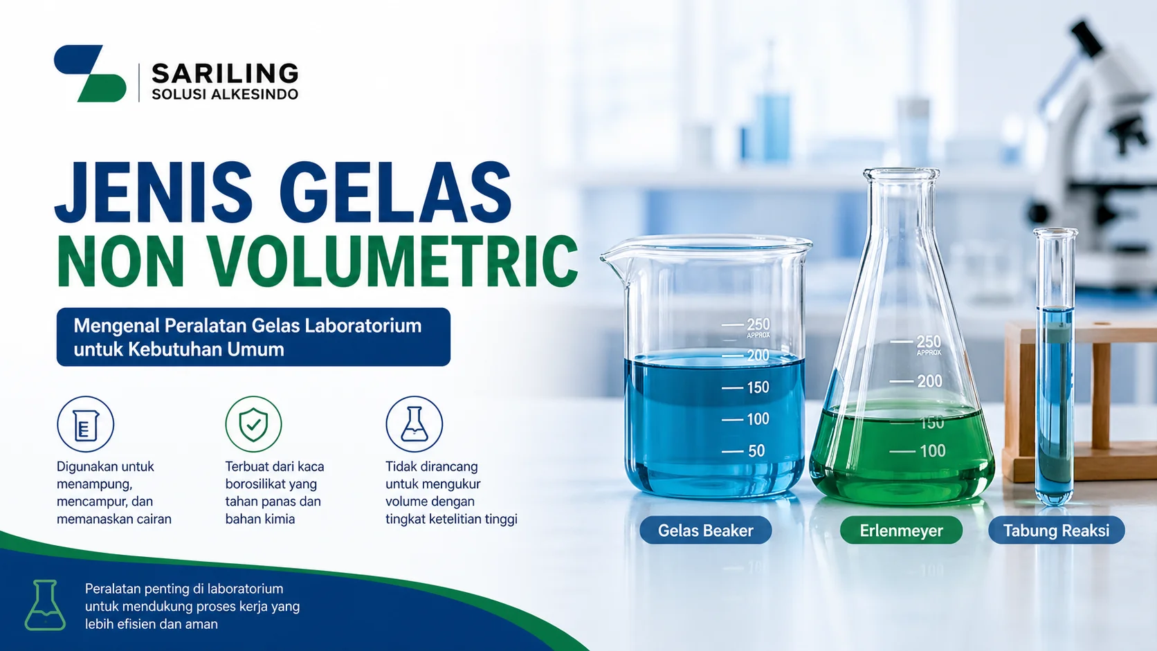 Jenis gelas non volumetric laboratorium seperti beaker, erlenmeyer, dan tabung reaksi dengan logo Sariling Solusi Alkesindo