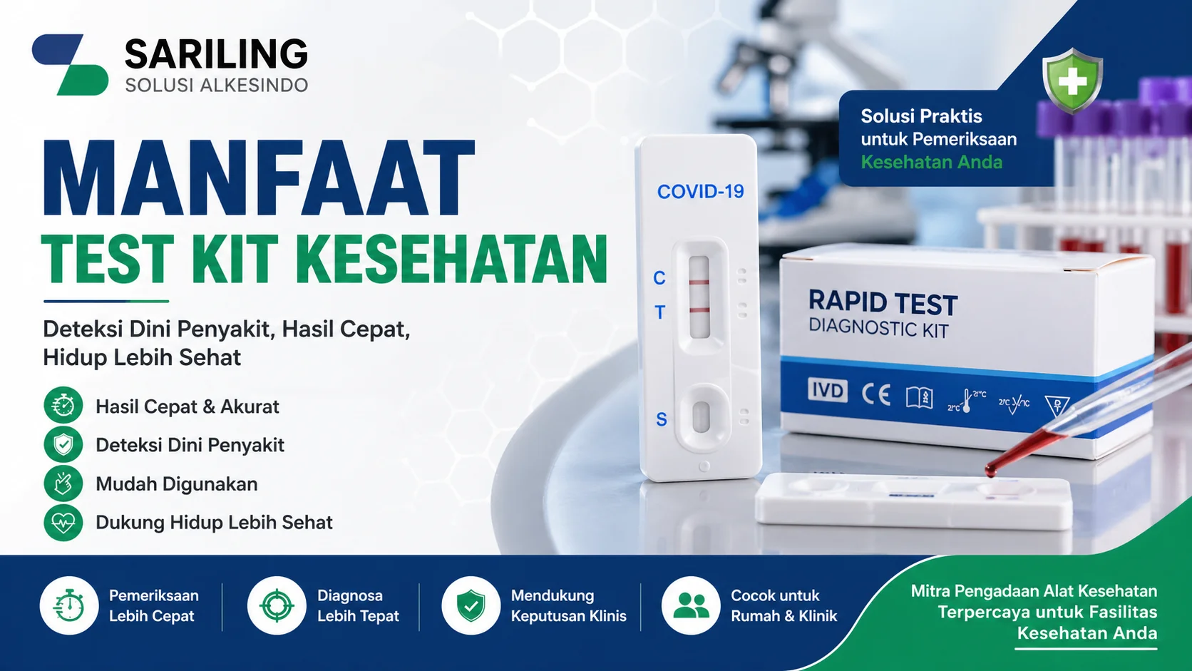 Manfaat test kit kesehatan dengan visual rapid test kit, pipet darah, dan peralatan laboratorium modern serta logo Sariling Solusi Alkesindo dalam desain banner profesional