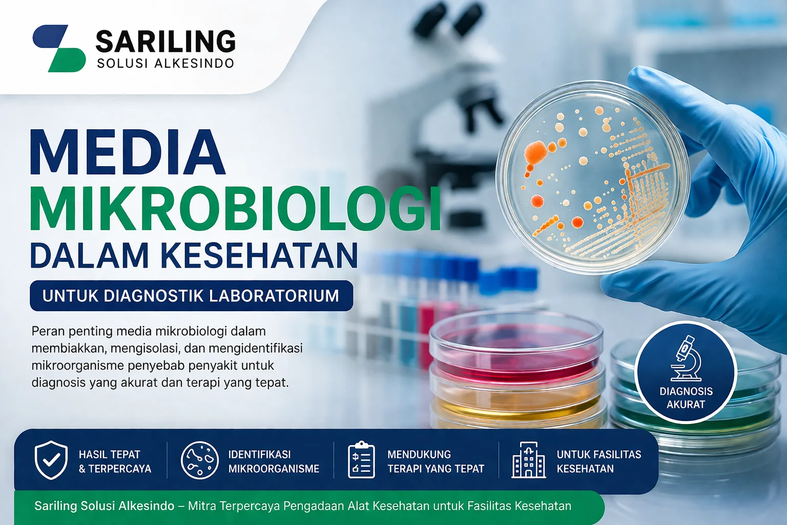 Media mikrobiologi dalam kesehatan untuk diagnostik laboratorium dengan petri dish dan logo Sariling Solusi Alkesindo