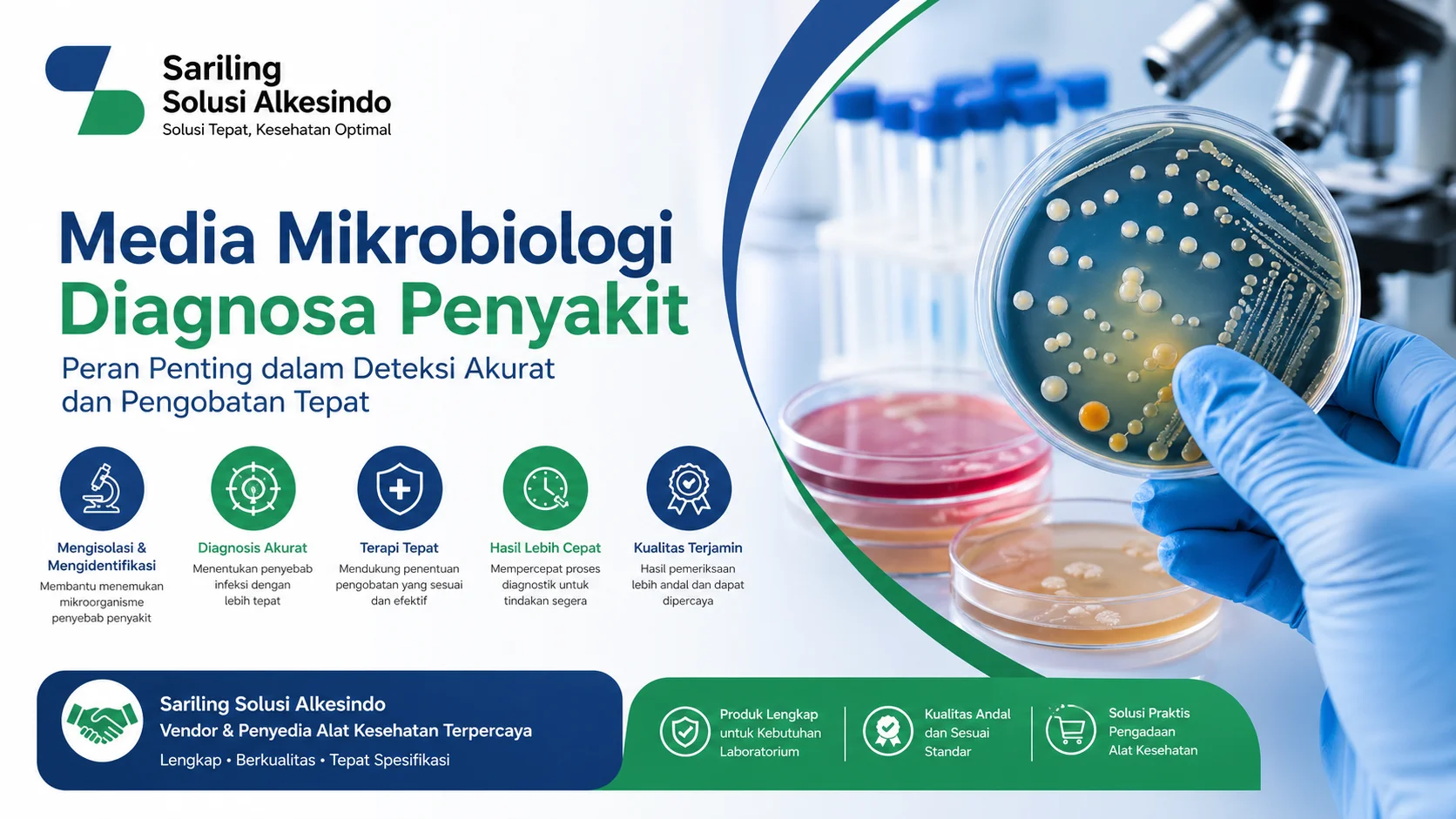 Media mikrobiologi diagnosa penyakit dengan ilustrasi petri dish di laboratorium dan logo Sariling Solusi Alkesindo
