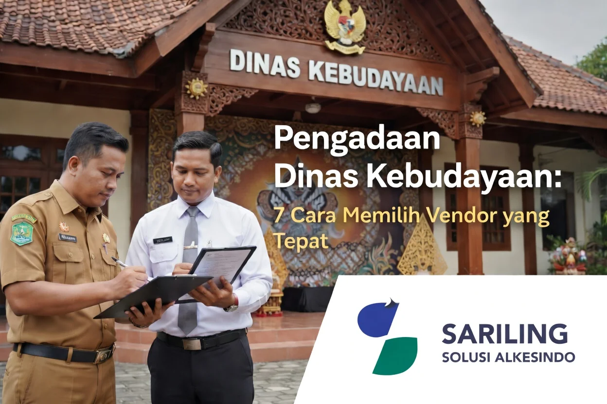 Pengadaan Dinas Kebudayaan: Dua ASN memeriksa dokumen di depan gedung Dinas Kebudayaan, teks "Pengadaan Dinas Kebudayaan: 7 Cara Memilih Vendor yang Tepat", dengan logo Sariling Solusi Alkesindo di pojok kanan bawah