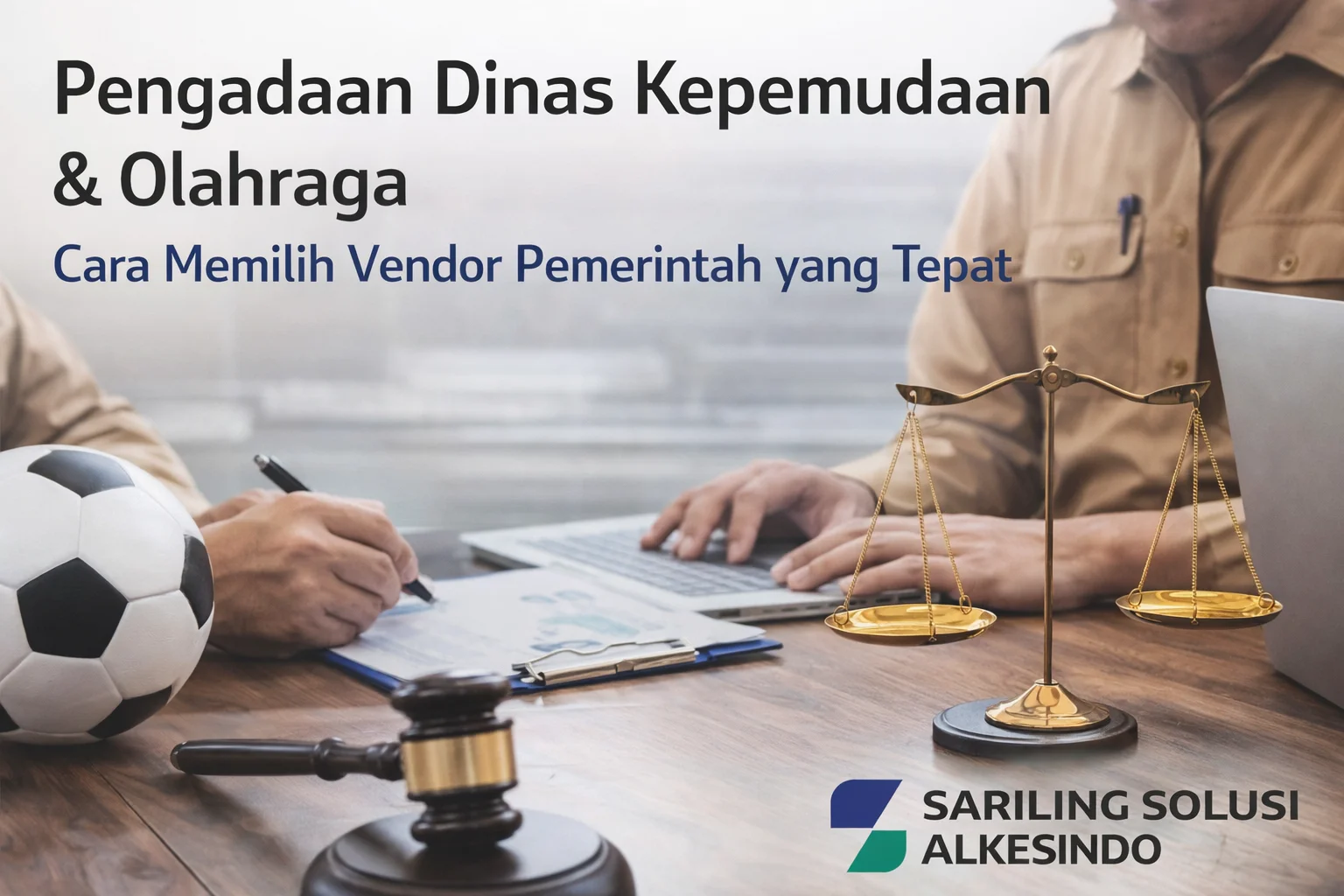 Ilustrasi pengadaan Dinas Kepemudaan & Olahraga dengan ASN bekerja menggunakan laptop dan dokumen, terdapat bola sepak, palu hakim, dan timbangan keadilan serta logo Sariling Solusi Alkesindo sebagai penyedia alat kesehatan pemerintah