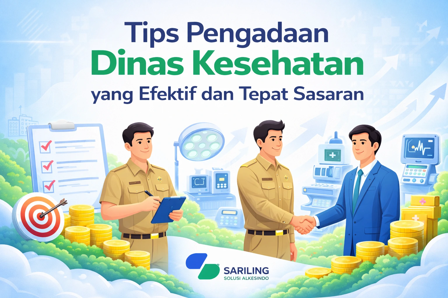 Ilustrasi feature image artikel pengadaan Dinas Kesehatan dengan judul besar berwarna hijau, latar bernuansa profesional, ikon pertumbuhan dan koin, serta logo Sariling Solusi Alkesindo di bagian bawah.