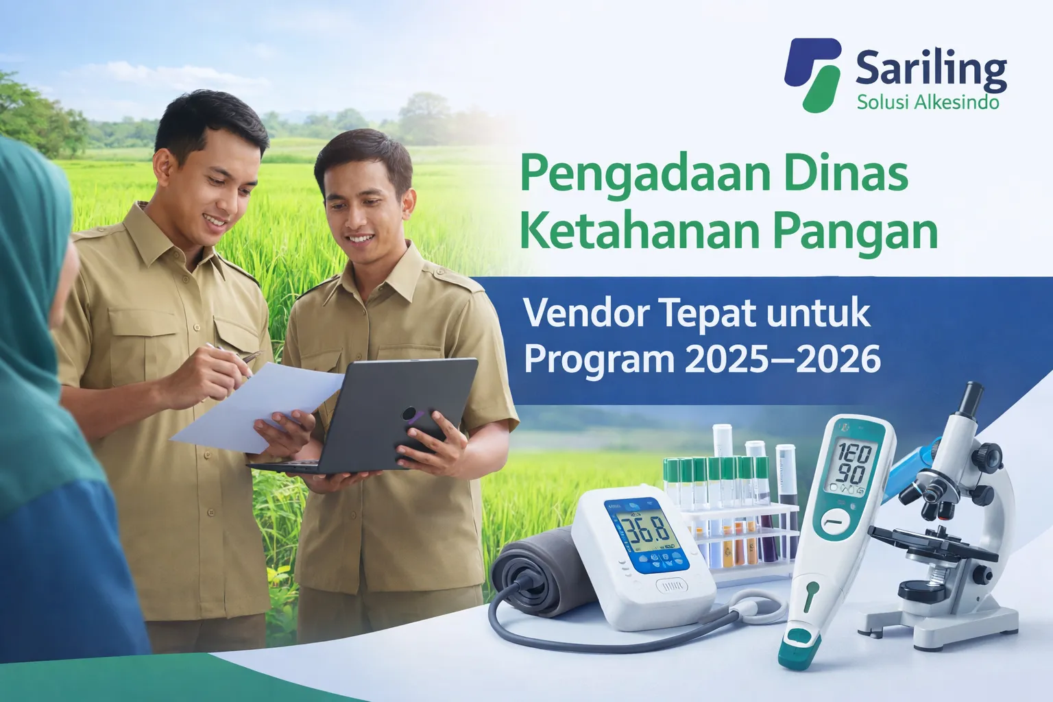 Pengadaan Dinas Ketahanan Pangan dengan ASN berdiskusi di area persawahan serta alat kesehatan dan laboratorium sebagai pendukung program pemerintah 2025–2026