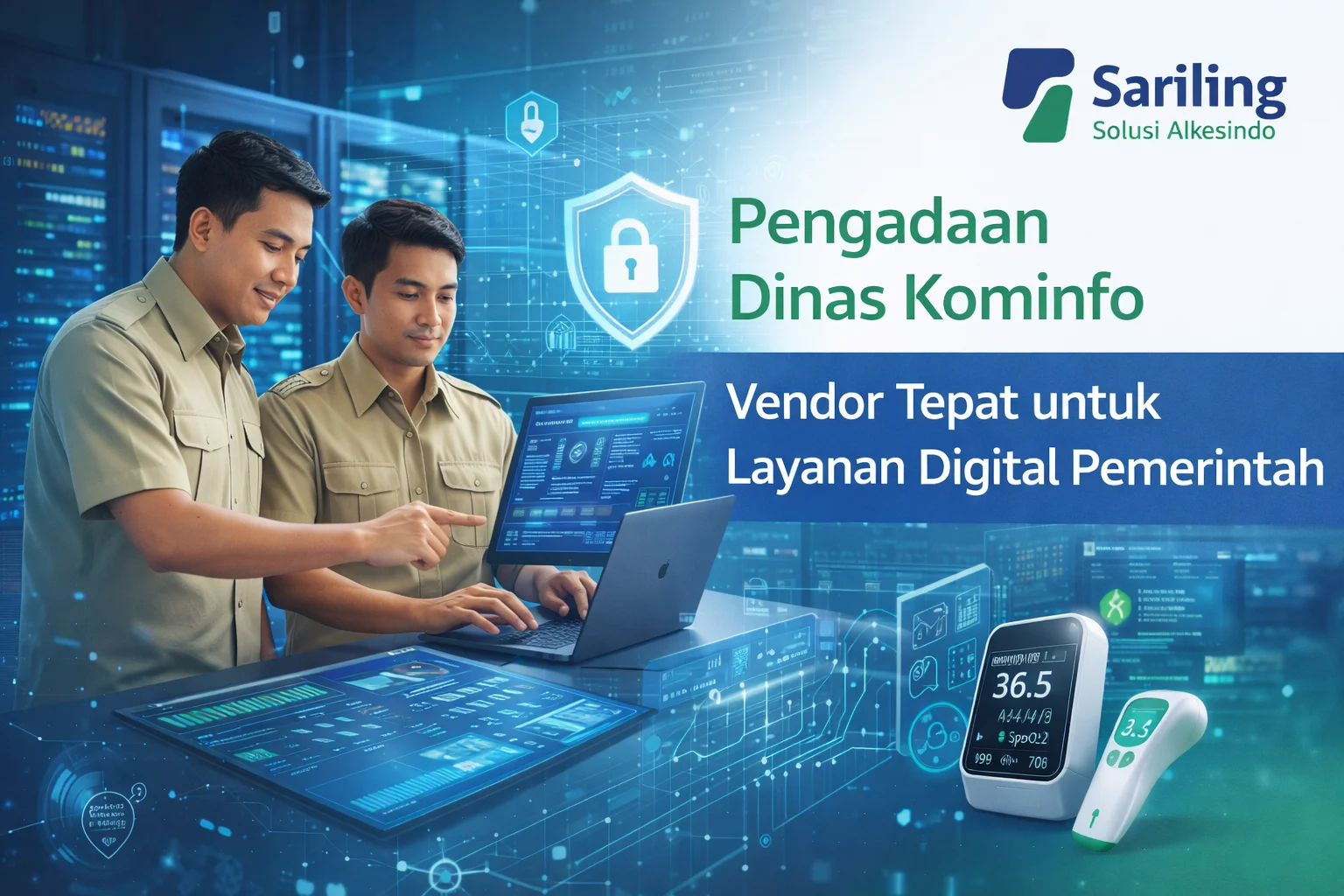 Pengadaan Dinas Kominfo sedang mengelola sistem digital dan keamanan data menggunakan laptop dengan visual teknologi dan alat kesehatan sebagai pendukung layanan pemerintah