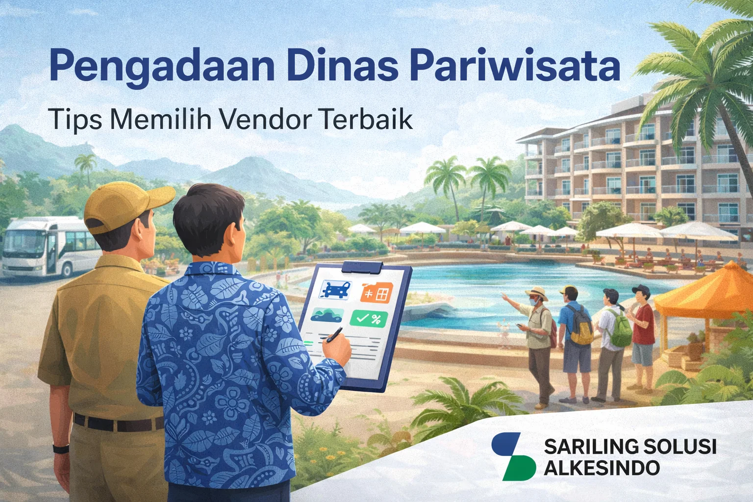 Ilustrasi pengadaan Dinas Pariwisata dengan petugas memantau layanan wisata, transportasi, dan fasilitas publik, dilengkapi logo Sariling Solusi Alkesindo