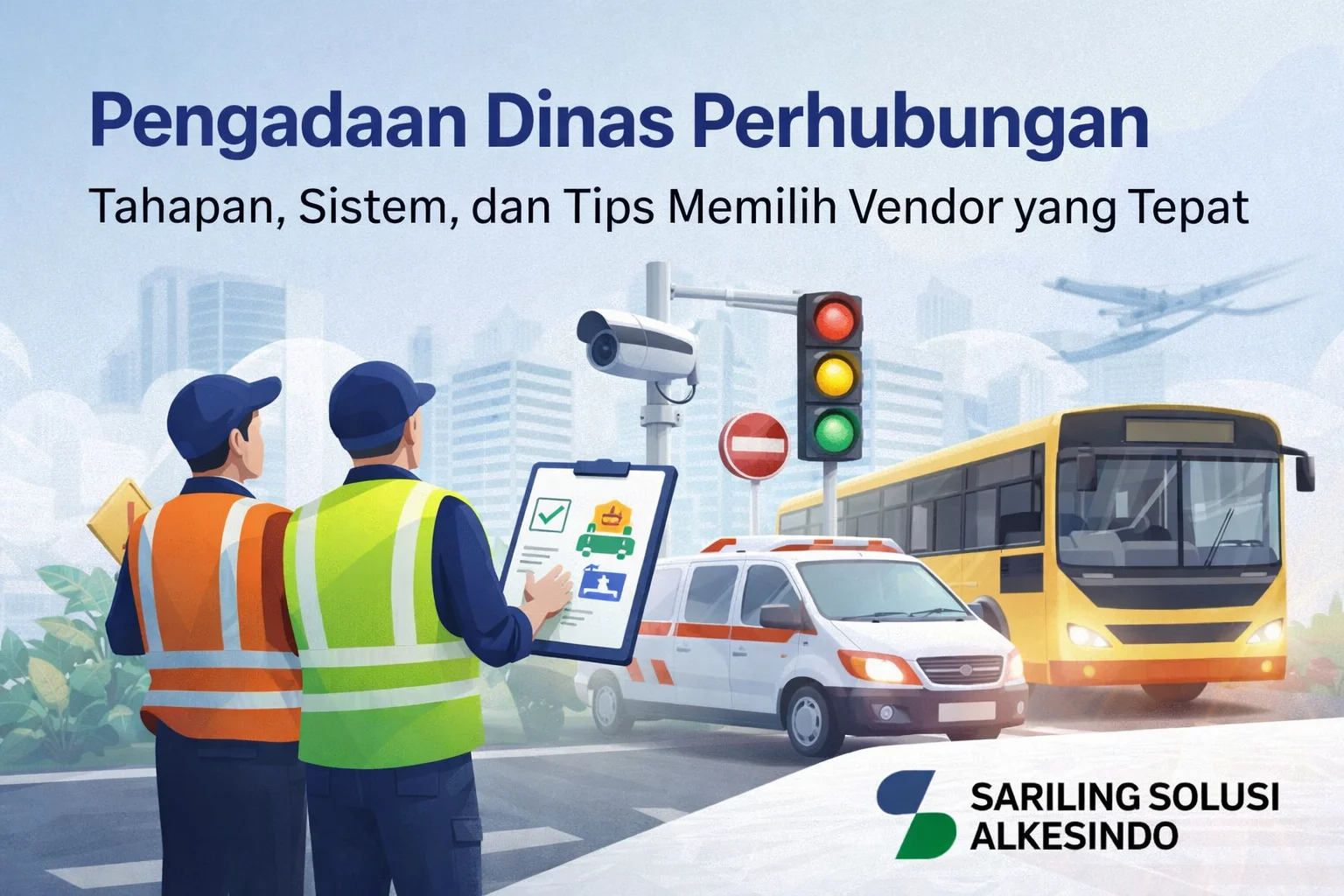 lustrasi pengadaan Dinas Perhubungan dengan petugas memeriksa sistem transportasi, kendaraan operasional, traffic light, dan CCTV, dilengkapi logo Sariling Solusi Alkesindo