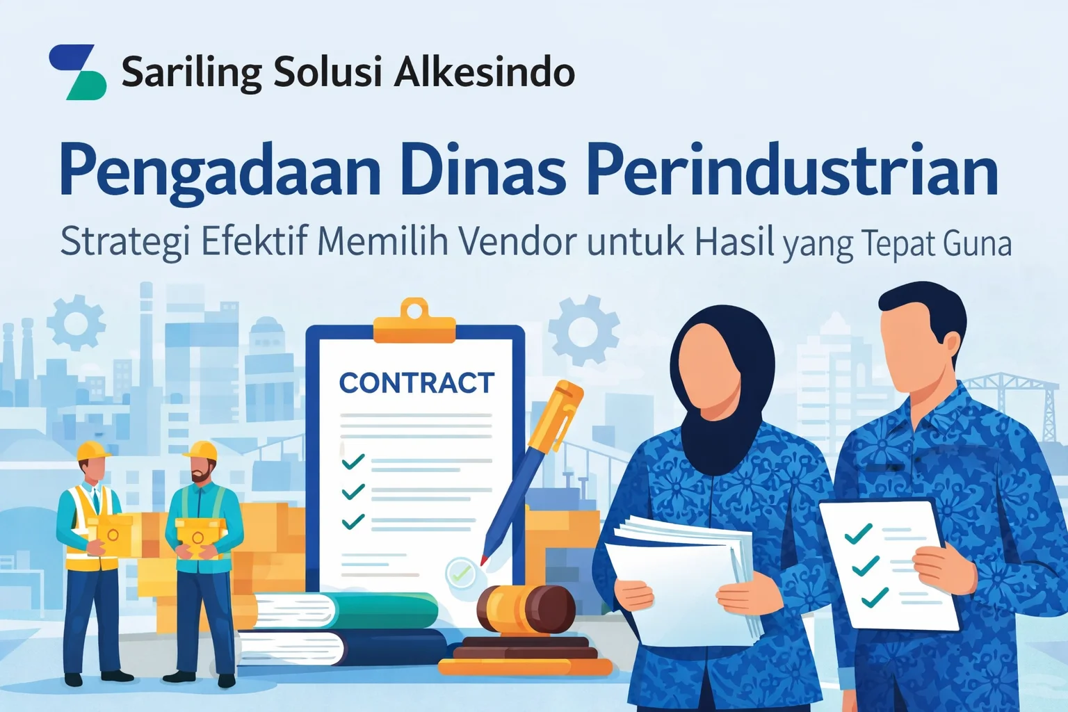 Ilustrasi Pengadaan Dinas Perindustrian dengan ASN meninjau kontrak bersama vendor, dilengkapi logo Sariling Solusi Alkesindo sebagai penyedia alat kesehatan terpercaya.