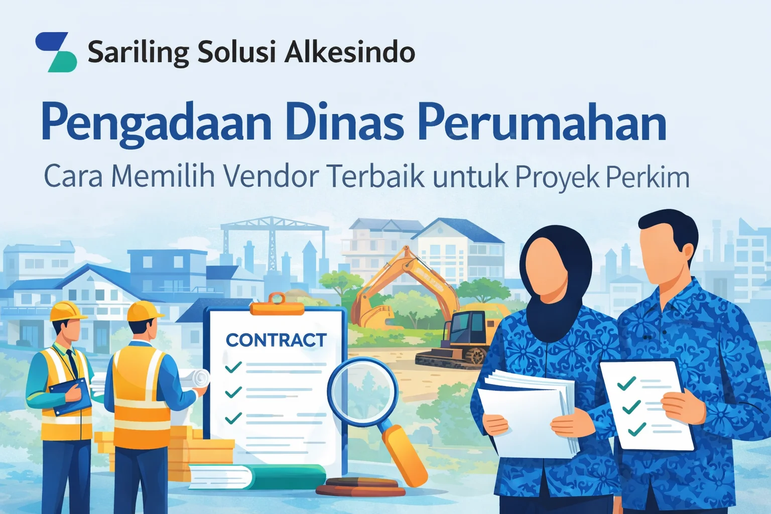 Ilustrasi Pengadaan Dinas Perumahan dengan ASN dan vendor membahas proyek permukiman, dilengkapi logo Sariling Solusi Alkesindo sebagai penyedia alat kesehatan terpercaya.
