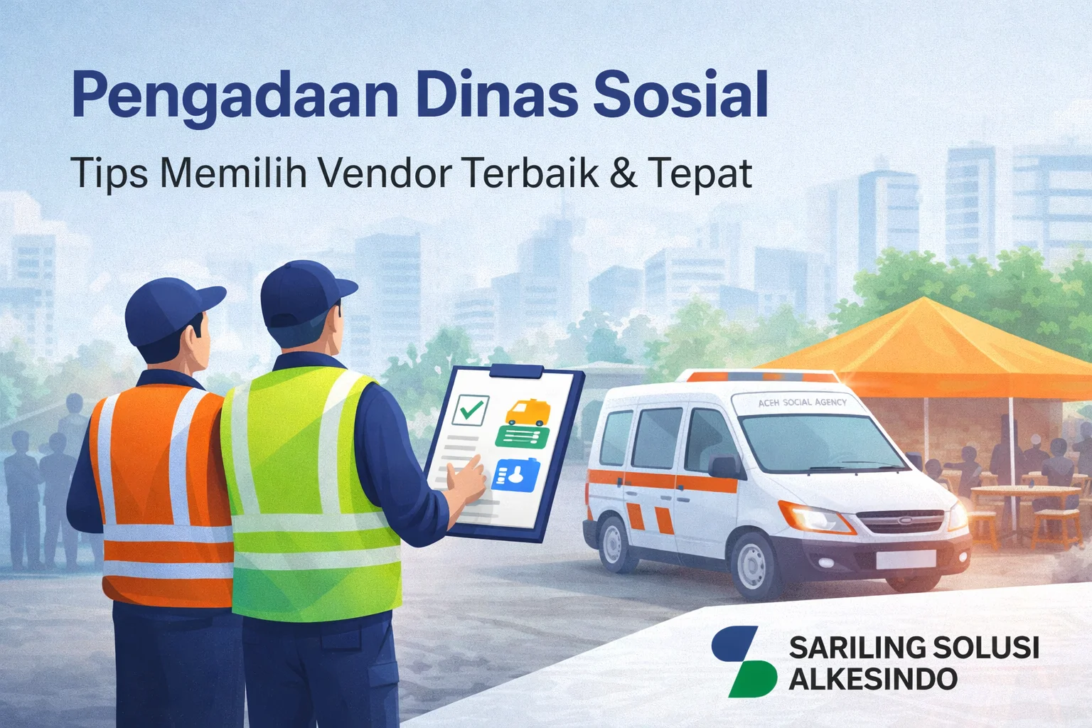 Ilustrasi pengadaan Dinas Sosial dengan petugas memantau layanan bantuan, kendaraan operasional, dan fasilitas sosial, dilengkapi logo Sariling Solusi Alkesindo