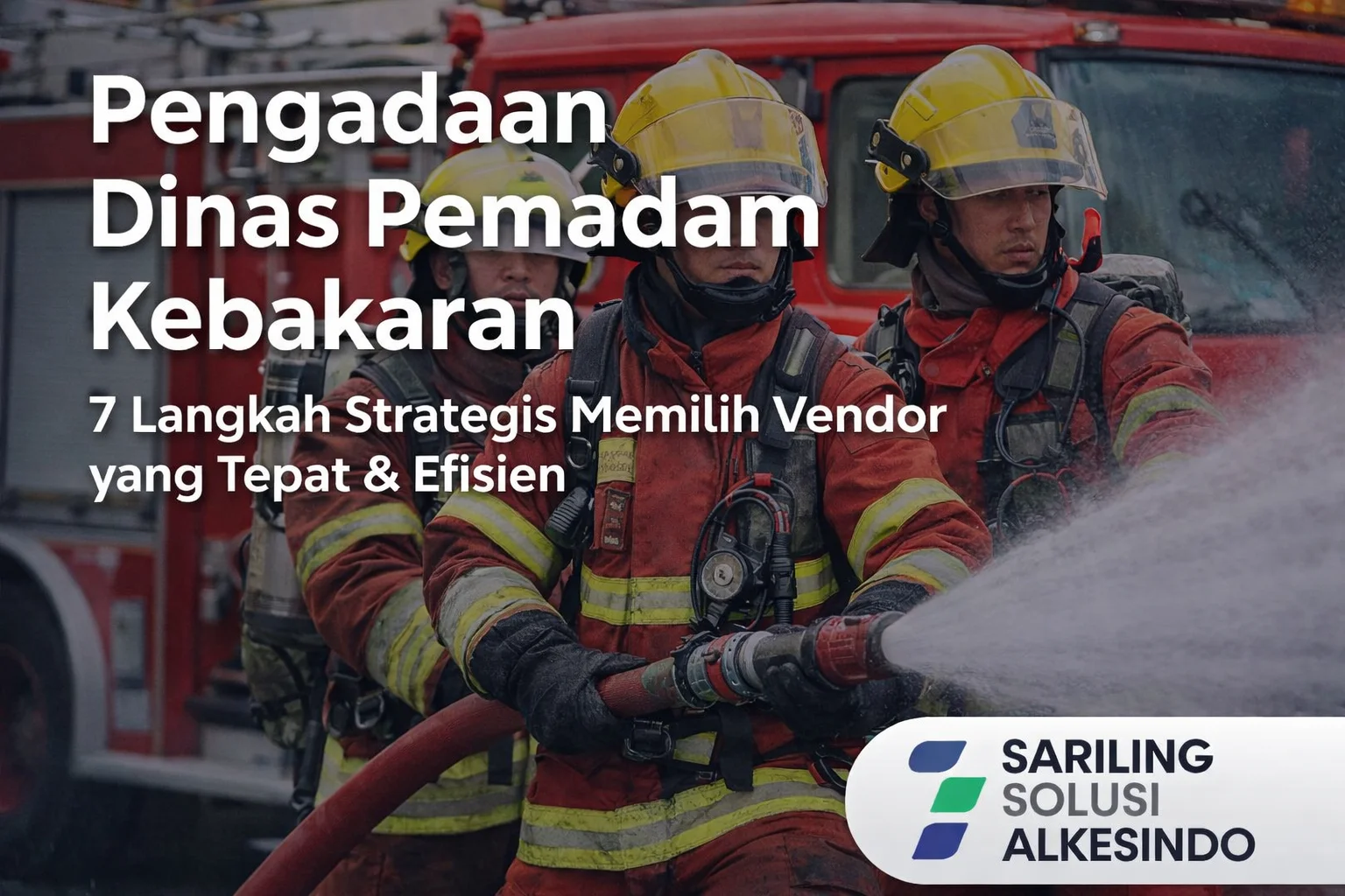 Pengadaan Dinas Pemadam Kebakaran dengan petugas damkar menggunakan selang air di depan mobil pemadam serta logo Sariling Solusi Alkesindo