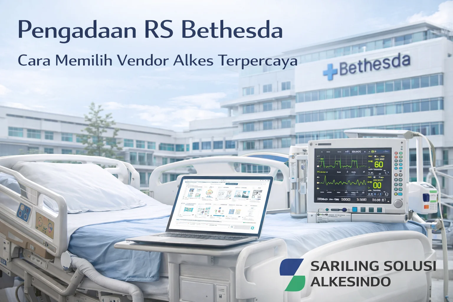 Banner pengadaan RS Bethesda dengan ilustrasi tempat tidur pasien, alat monitor medis, laptop e-katalog, dan gedung rumah sakit di latar belakang, serta logo Sariling Solusi Alkesindo tentang pemilihan vendor alkes terpercaya.