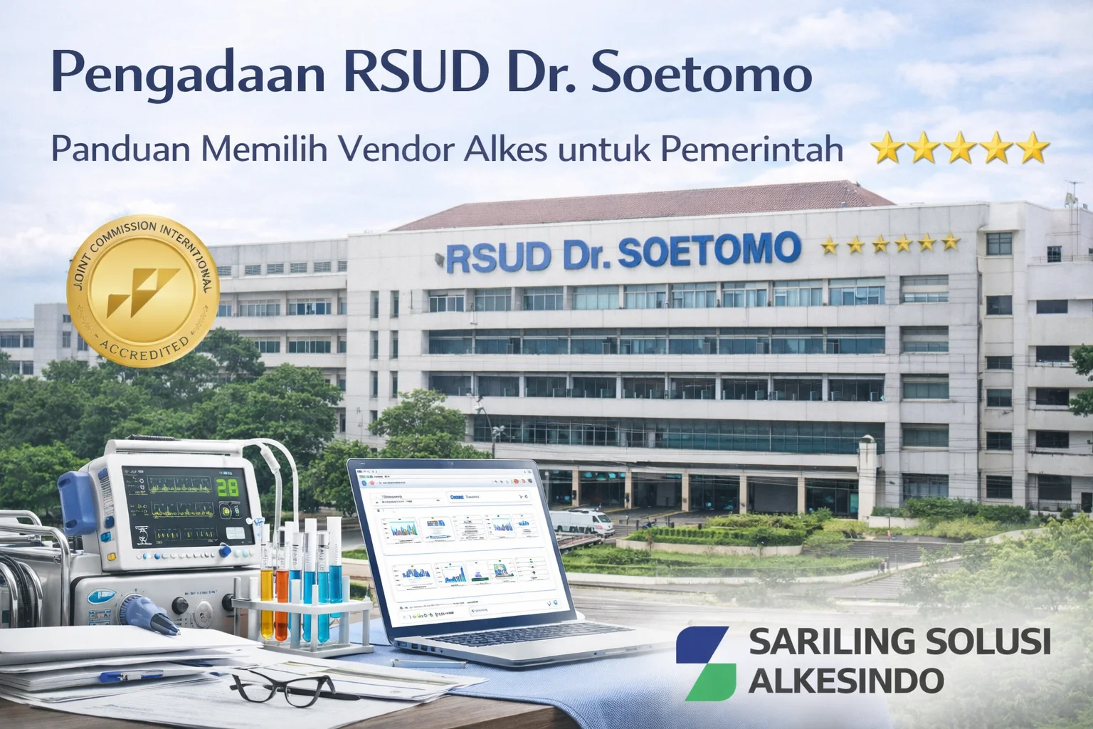 Banner pengadaan RSUD Dr. Soetomo dengan tampilan gedung rumah sakit, alat kesehatan, laptop sistem pengadaan, serta logo Sariling Solusi Alkesindo yang menggambarkan pemilihan vendor alkes terpercaya untuk instansi pemerintah.