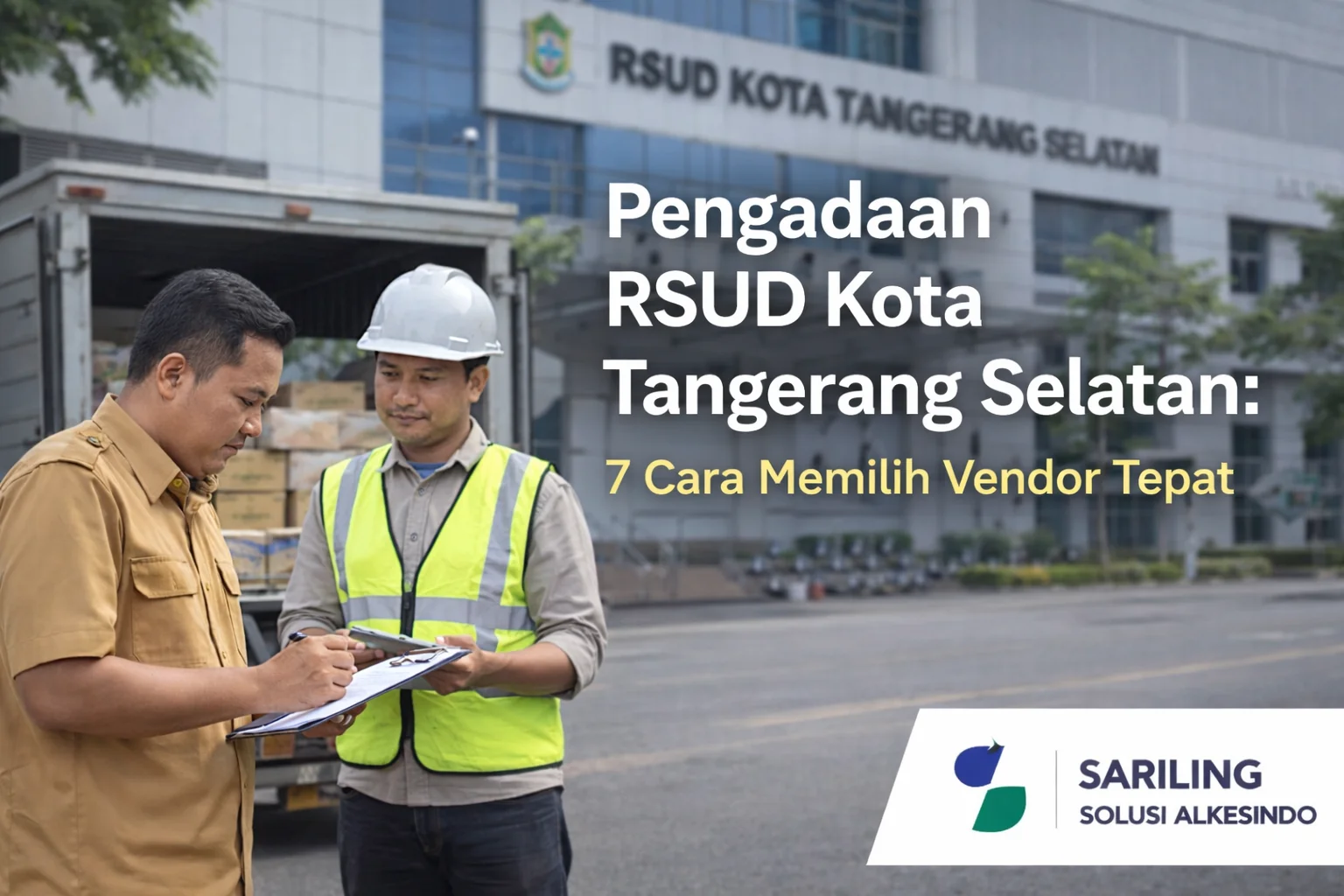 Feature image pengadaan RSUD Kota Tangerang Selatan menampilkan tenaga medis dan pejabat pengadaan meninjau alat kesehatan dengan logo SARILING SOLUSI ALKESINDO.