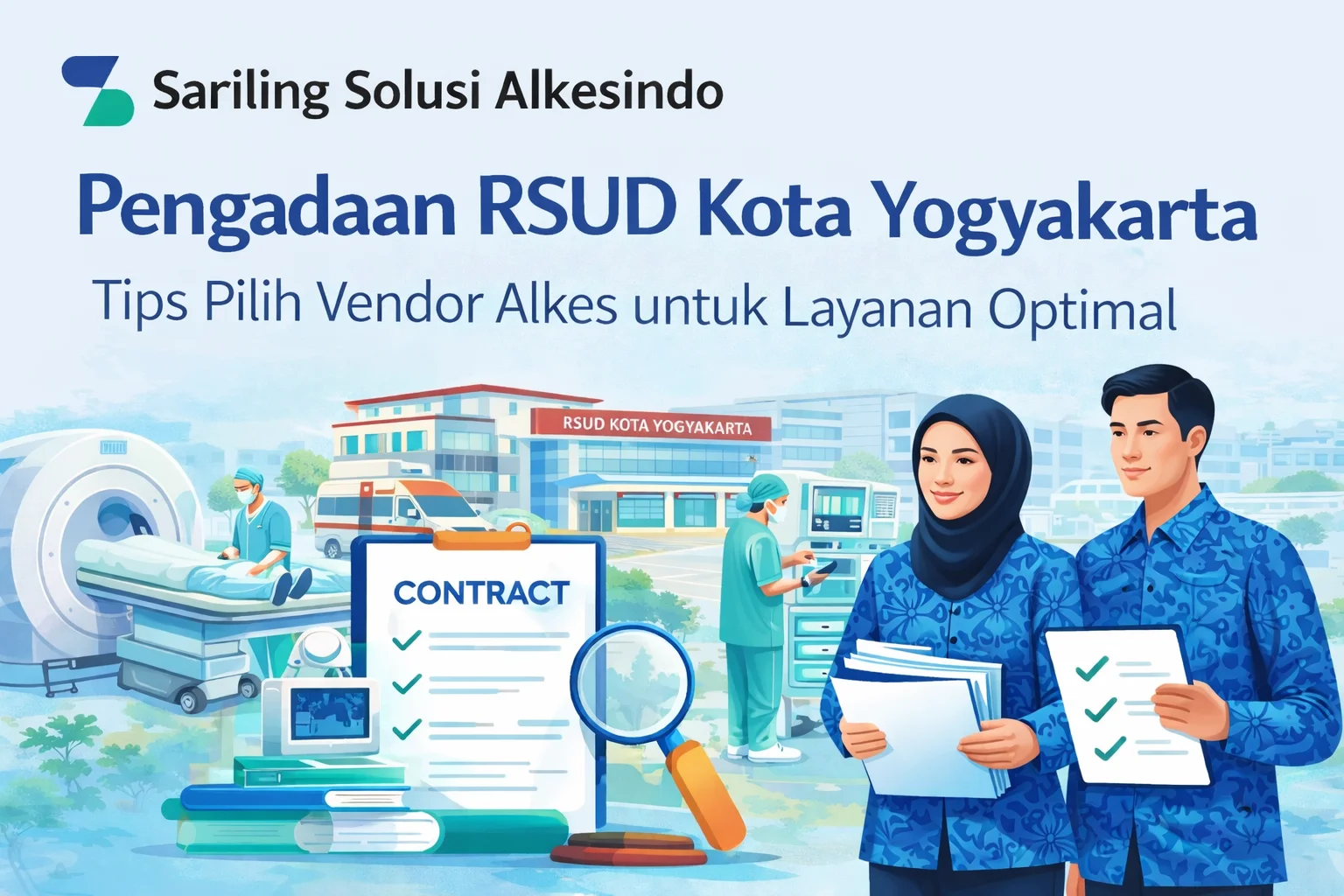 Ilustrasi Pengadaan RSUD Kota Yogyakarta dengan ASN meninjau dokumen kontrak dan tenaga medis di rumah sakit, dilengkapi logo Sariling Solusi Alkesindo sebagai penyedia alat kesehatan terpercaya.