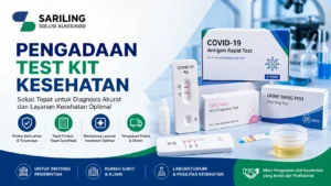 Banner pengadaan test kit kesehatan dengan logo Sariling Solusi Alkesindo menampilkan berbagai alat diagnostik seperti rapid test COVID-19, test pack kehamilan, dan urine drug test untuk kebutuhan instansi pemerintah, rumah sakit, dan laboratorium.