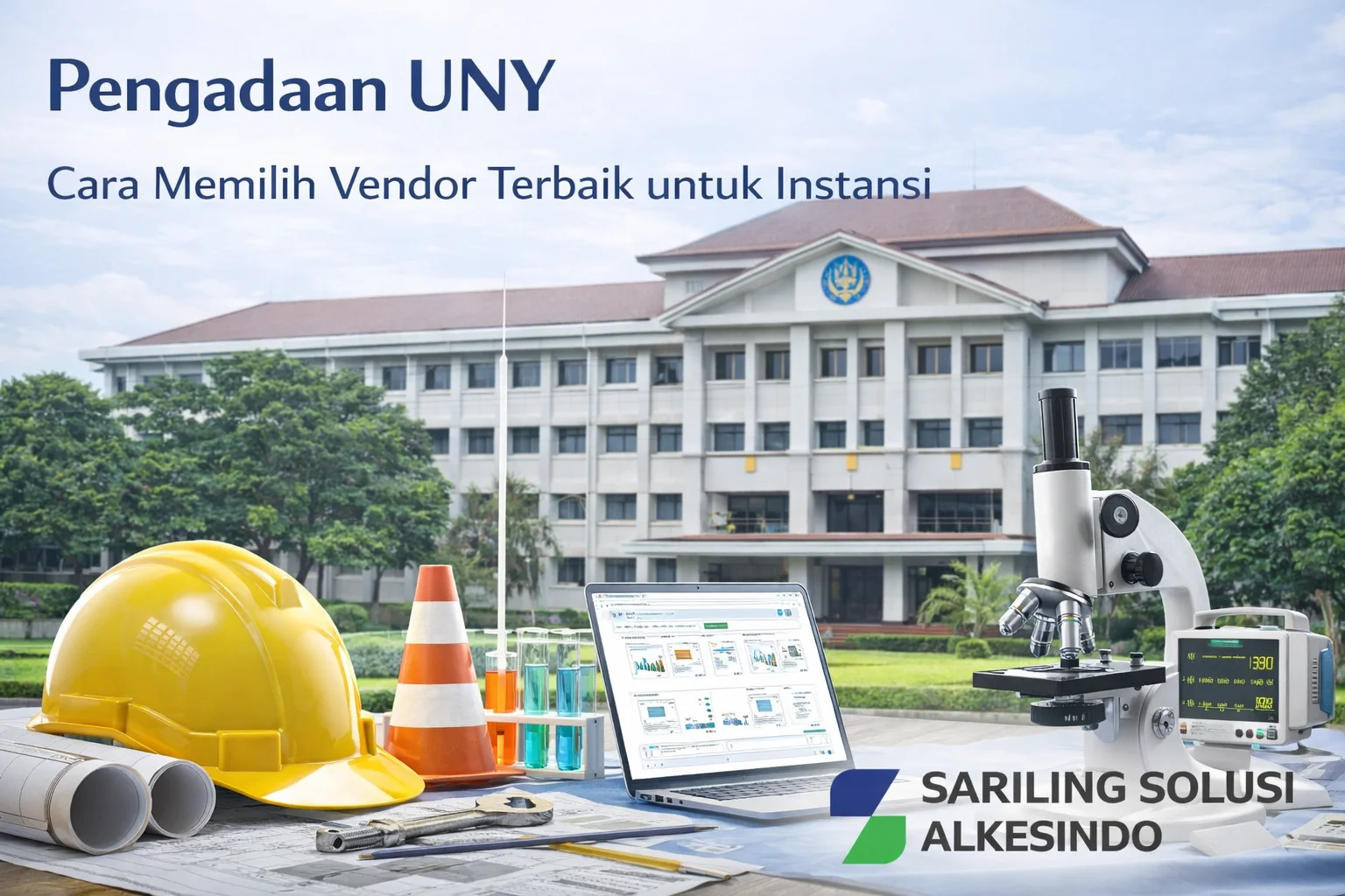 Banner pengadaan UNY dengan ilustrasi gedung kampus, aktivitas administrasi pengadaan, serta elemen alat laboratorium dan logo Sariling Solusi Alkesindo yang menggambarkan pemilihan vendor terpercaya.