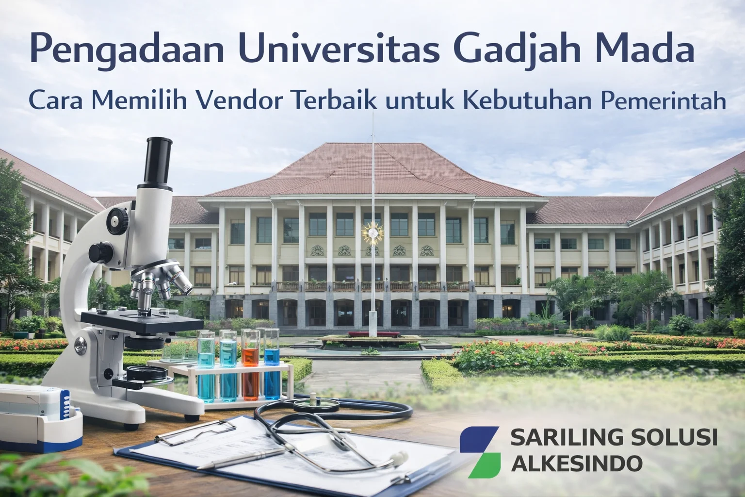 Banner pengadaan Universitas Gadjah Mada dengan ilustrasi gedung kampus UGM, alat laboratorium seperti mikroskop dan tabung reaksi, serta logo Sariling Solusi Alkesindo, membahas cara memilih vendor terbaik untuk kebutuhan pemerintah