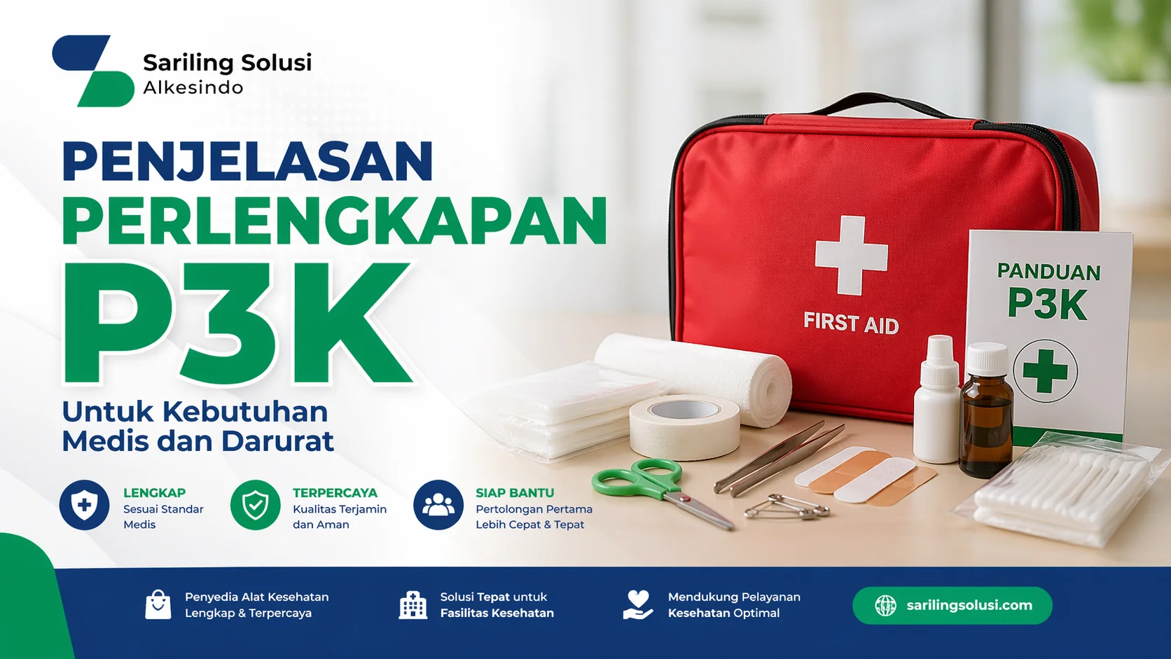 Penjelasan perlengkapan P3K dengan logo Sariling Solusi Alkesindo, menampilkan kotak P3K berisi alat medis seperti perban, antiseptik, dan perlengkapan darurat untuk kebutuhan kesehatan