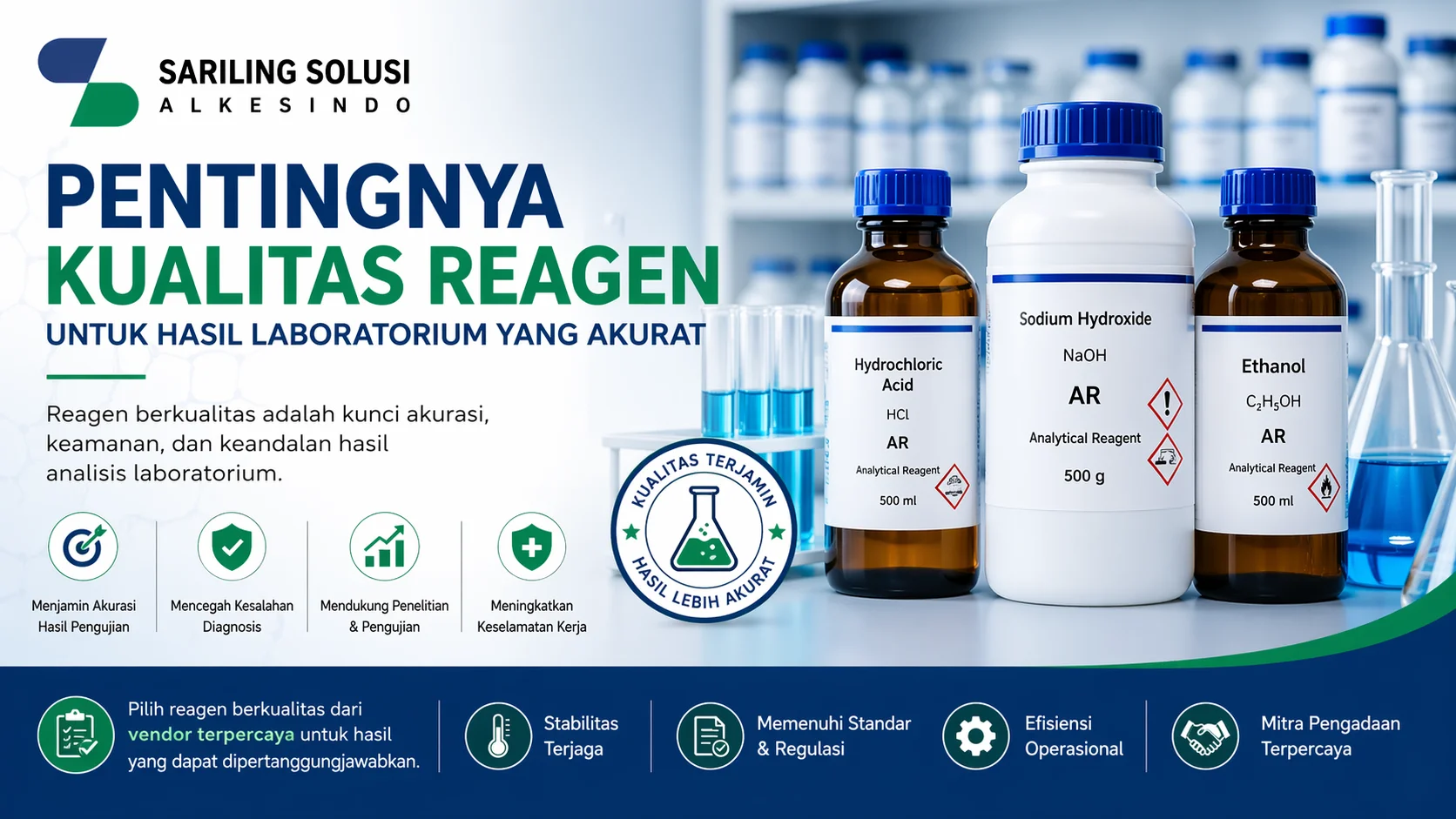 Pentingnya kualitas reagen kimia untuk hasil laboratorium yang akurat dengan botol bahan kimia dan logo Sariling Solusi Alkesindo