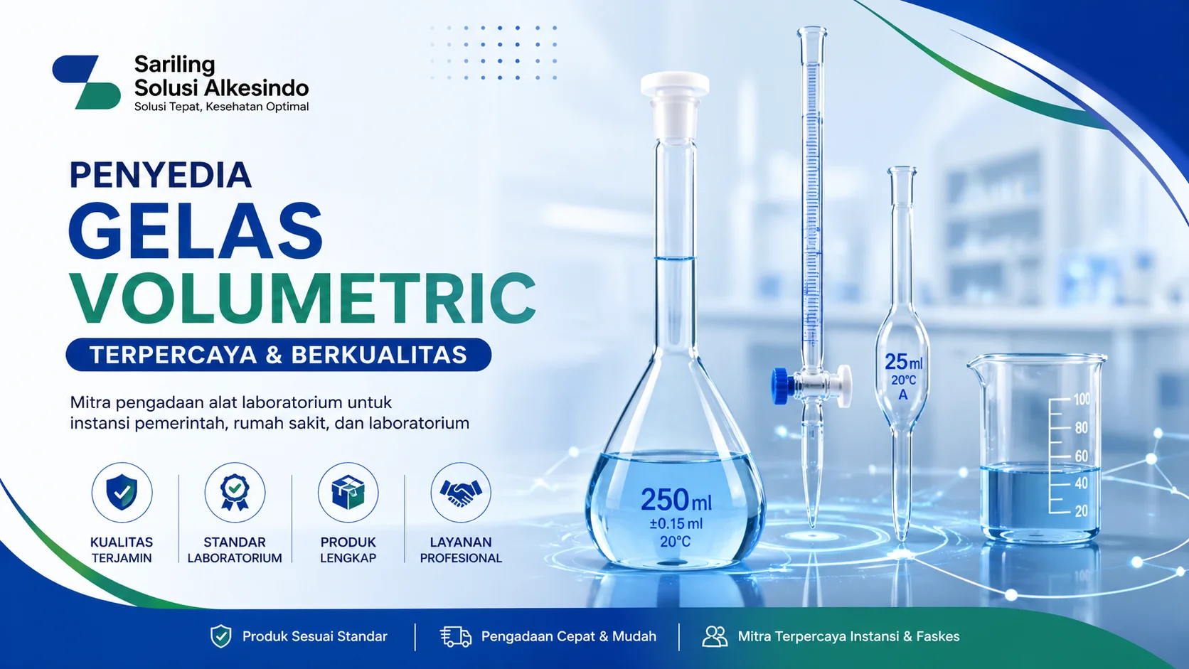 Penyedia gelas volumetric laboratorium terpercaya dengan ilustrasi labu ukur, pipet, buret, dan gelas ukur serta logo Sariling Solusi Alkesindo