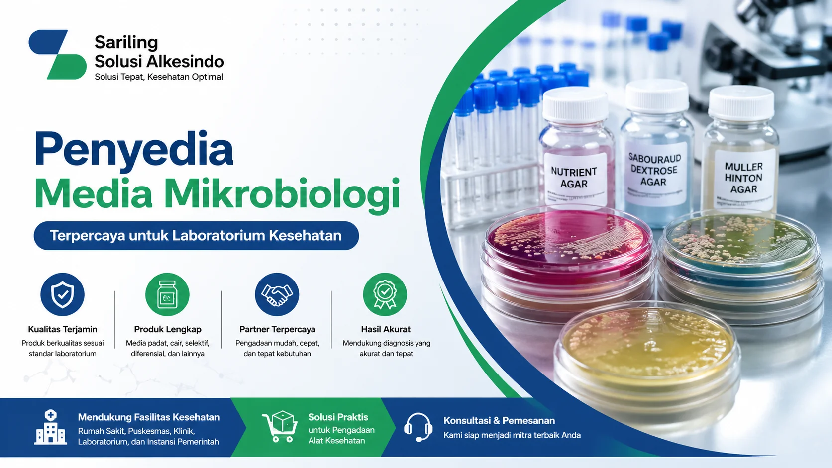Penyedia media mikrobiologi laboratorium dengan ilustrasi petri dish dan peralatan lab serta logo Sariling Solusi Alkesindo