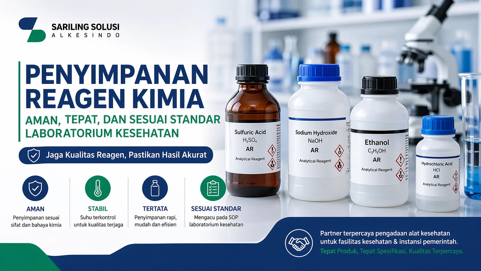 Feature image penyimpanan reagen kimia Sariling Solusi Alkesindo untuk laboratorium kesehatan, menampilkan botol bahan kimia AR seperti sulfuric acid, sodium hydroxide, ethanol, dan hydrochloric acid dengan latar peralatan laboratorium modern.