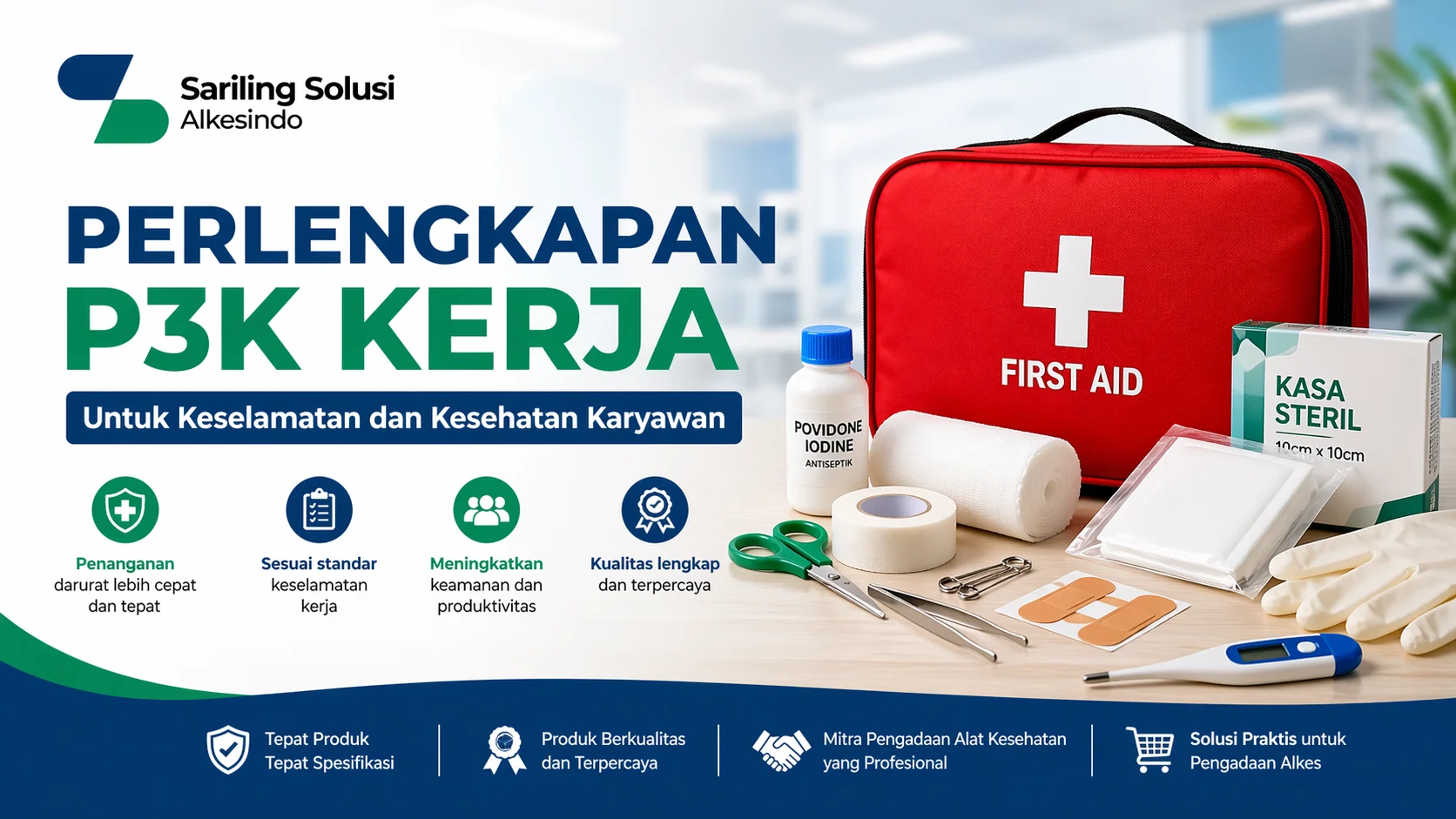 Perlengkapan P3K kerja dengan logo Sariling Solusi Alkesindo, menampilkan kotak P3K berisi kasa steril, antiseptik, perban, dan alat medis untuk keselamatan karyawan